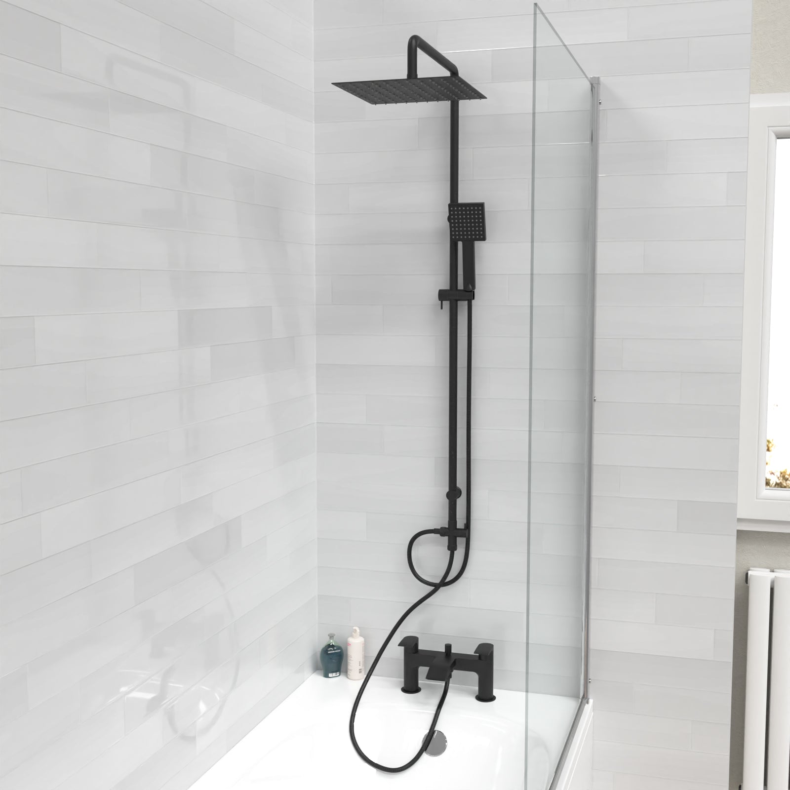 Kinver Square Shower Riser Rail Kit With Mixer Tap & Handset Matte Black