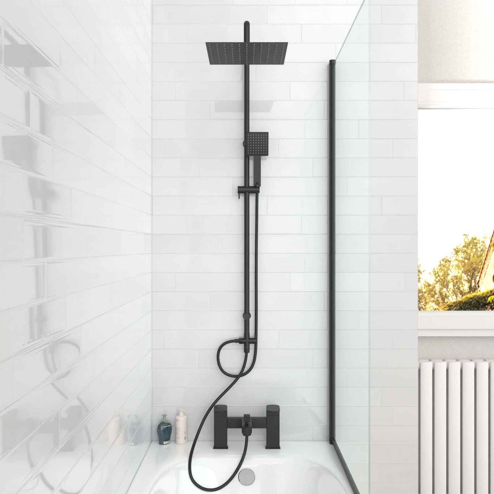 Knighton Square Shower Mixer With Eclipse Bath Tap, Handset & Riser Rail Kit Matte Black