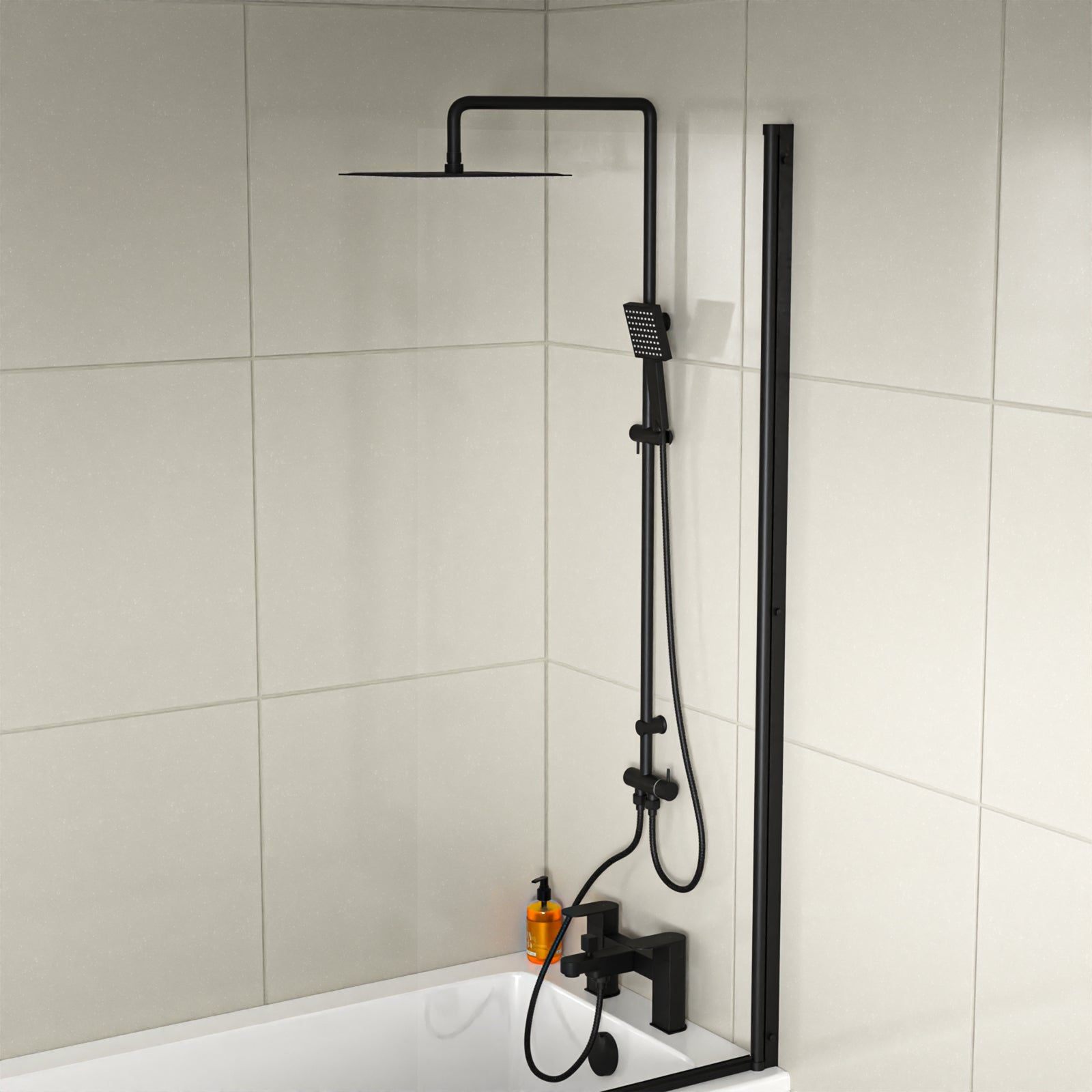 Knighton Square Shower Mixer With Eclipse Bath Tap, Handset & Riser Rail Kit Matte Black