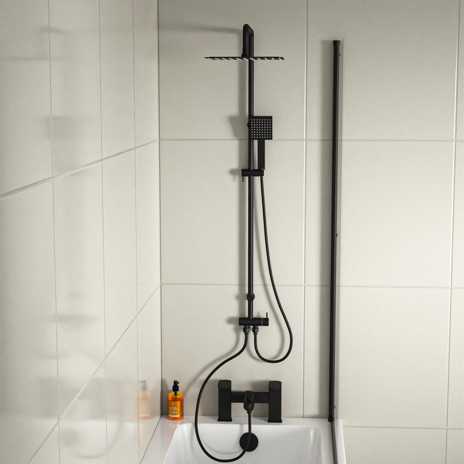 Knighton Square Shower Mixer With Eclipse Bath Tap, Handset & Riser Rail Kit Matte Black