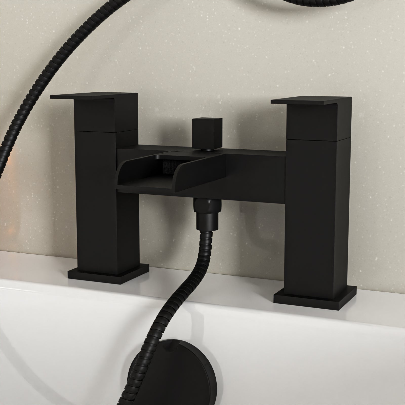 Ashton Square Shower & Ozone Waterfall Mixer Tap, Handset & Riser Rail Kit Matte Black