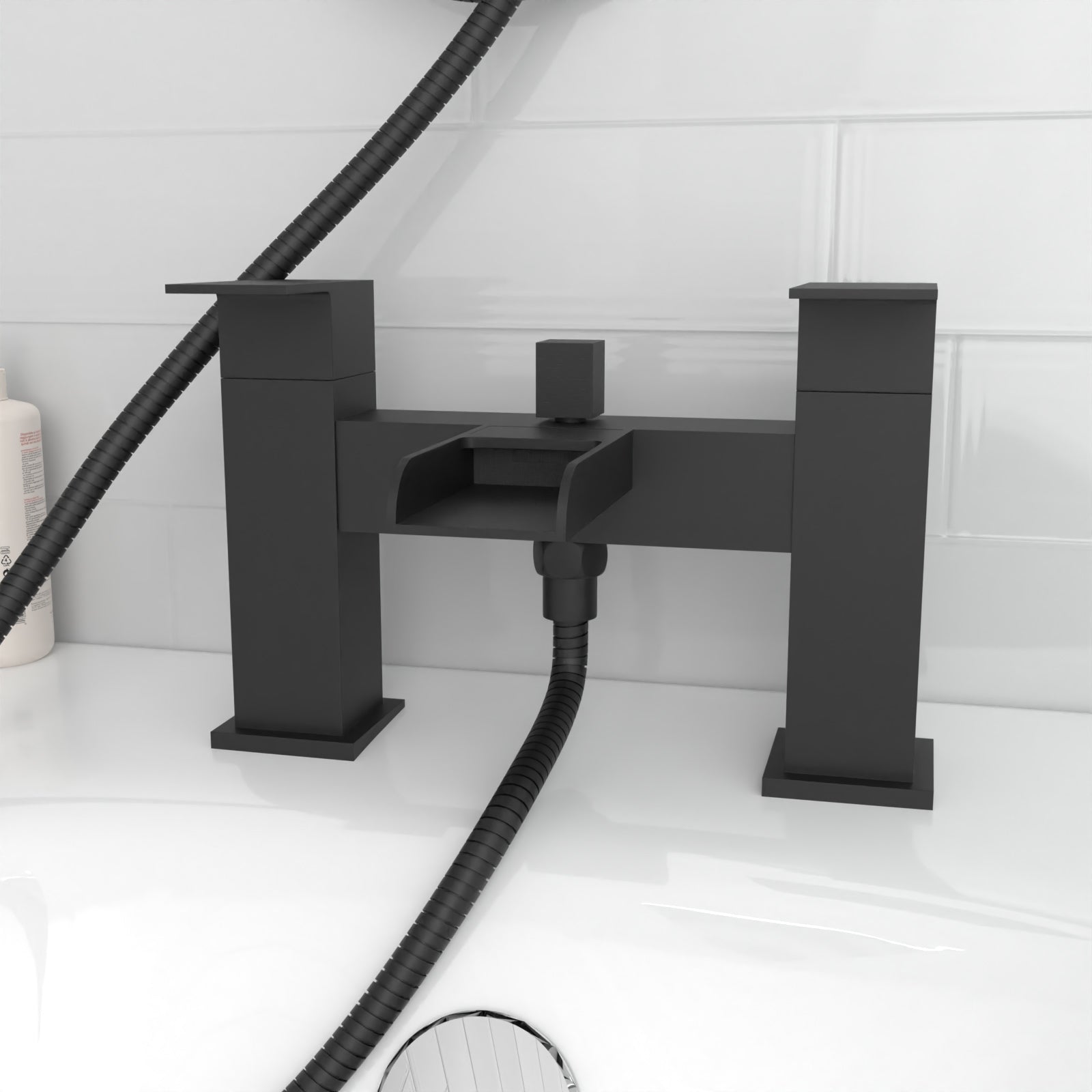 Ashton Square Shower & Ozone Waterfall Mixer Tap, Handset & Riser Rail Kit Matte Black