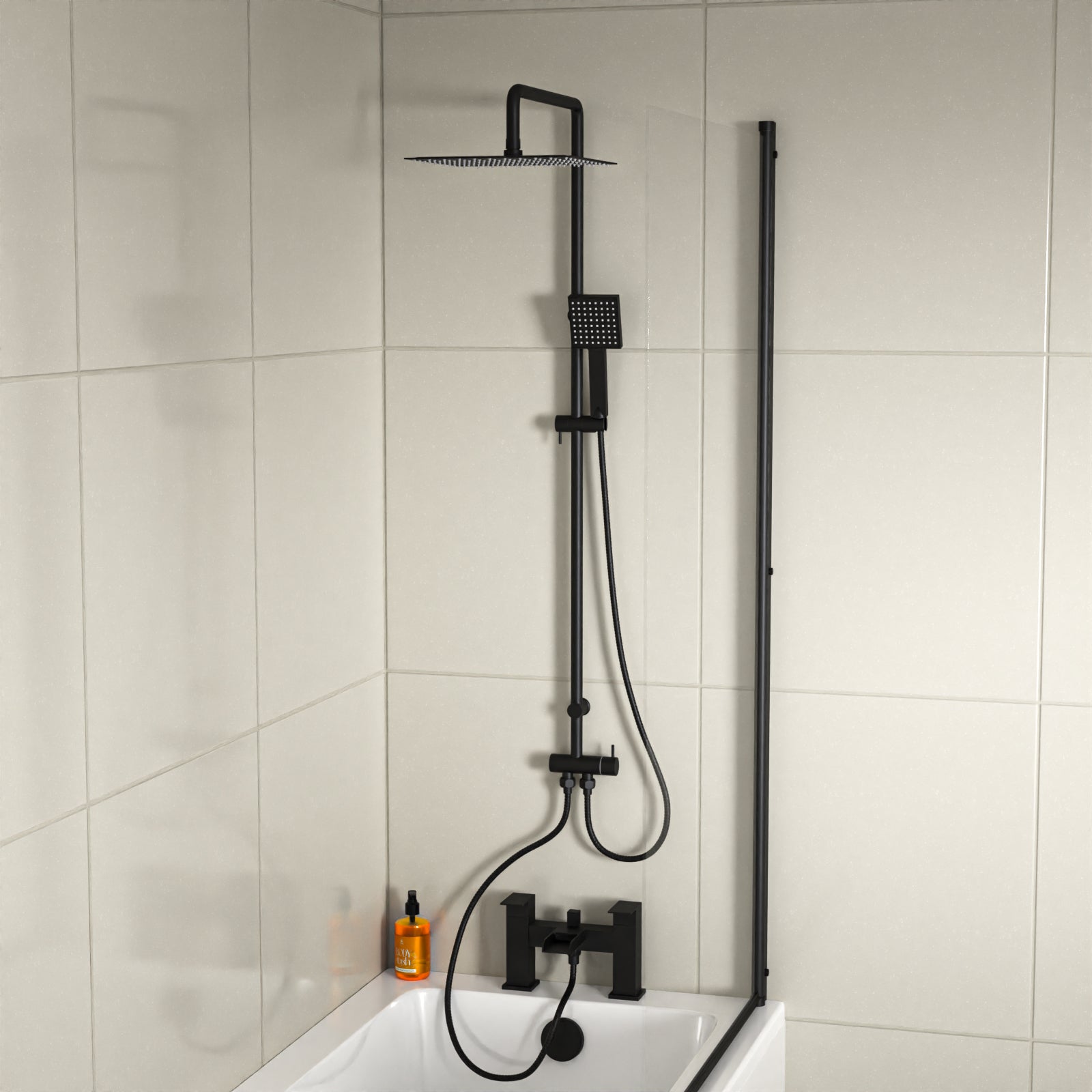 Ashton Square Shower & Ozone Waterfall Mixer Tap, Handset & Riser Rail Kit Matte Black