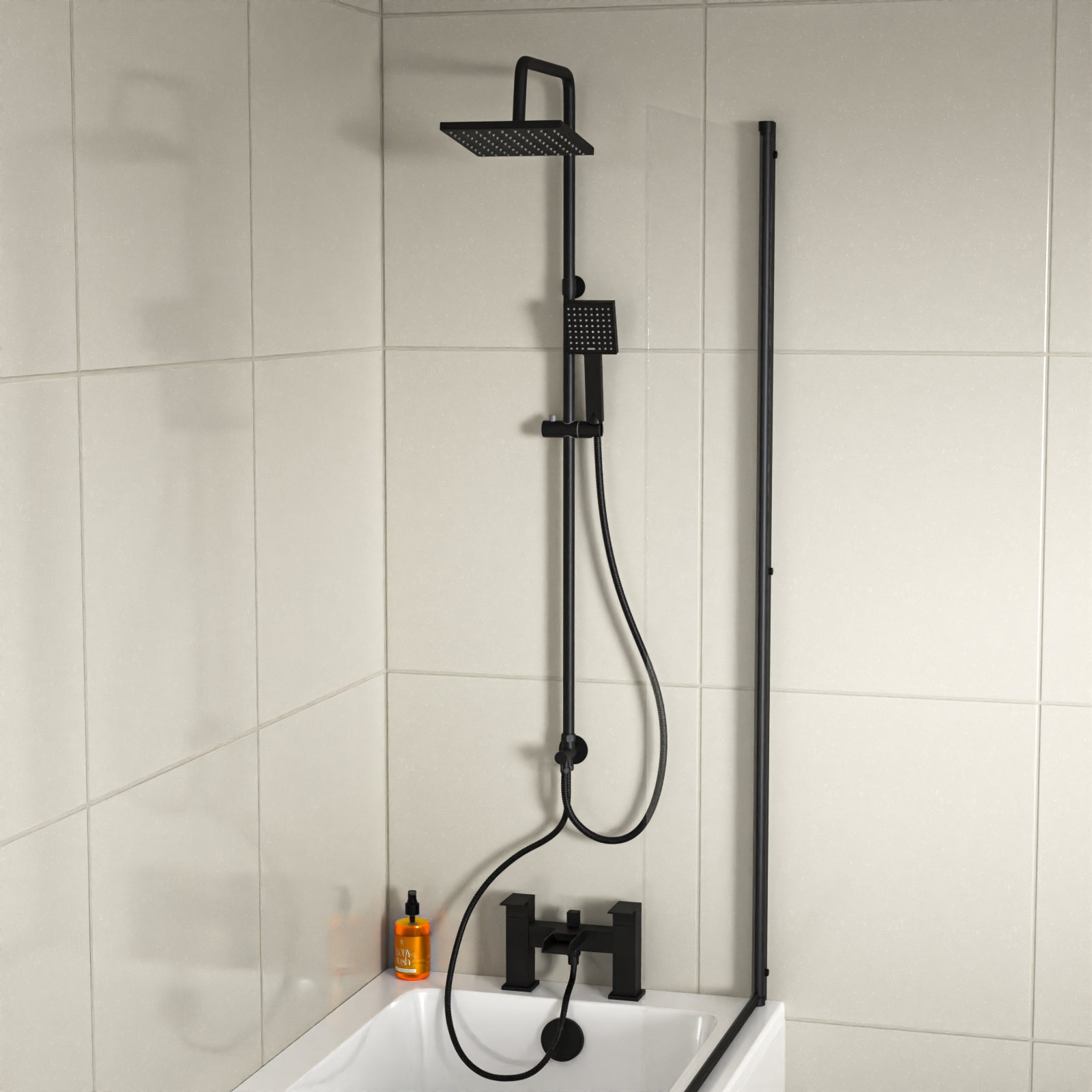Ashton Square Shower & Ozone Waterfall Mixer Tap, Handset & Riser Rail Kit Matte Black