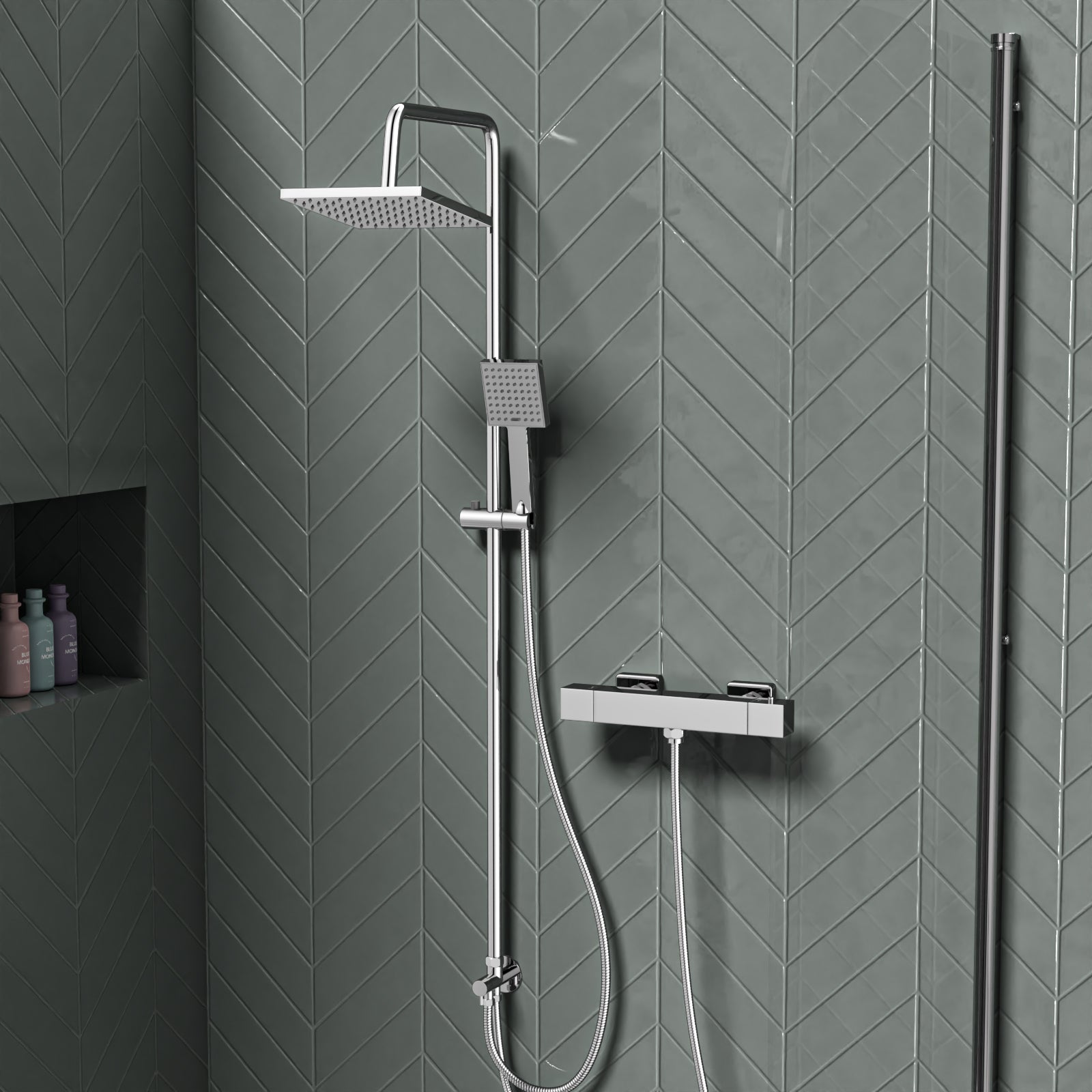 Square Overhead & Hand Shower Thermostatic Valve Single Outlet - Chrome