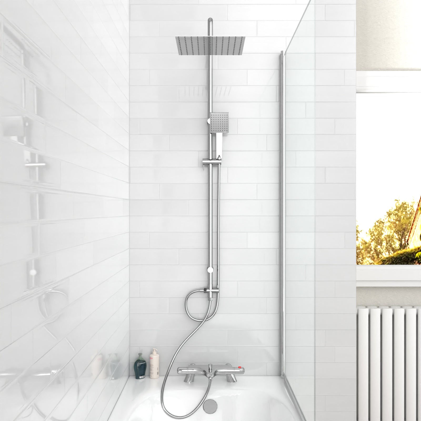 Walton Exposed Square Shower, Safety Button Thermostatic Mixer Tap, Handset & Riser Rail Kit