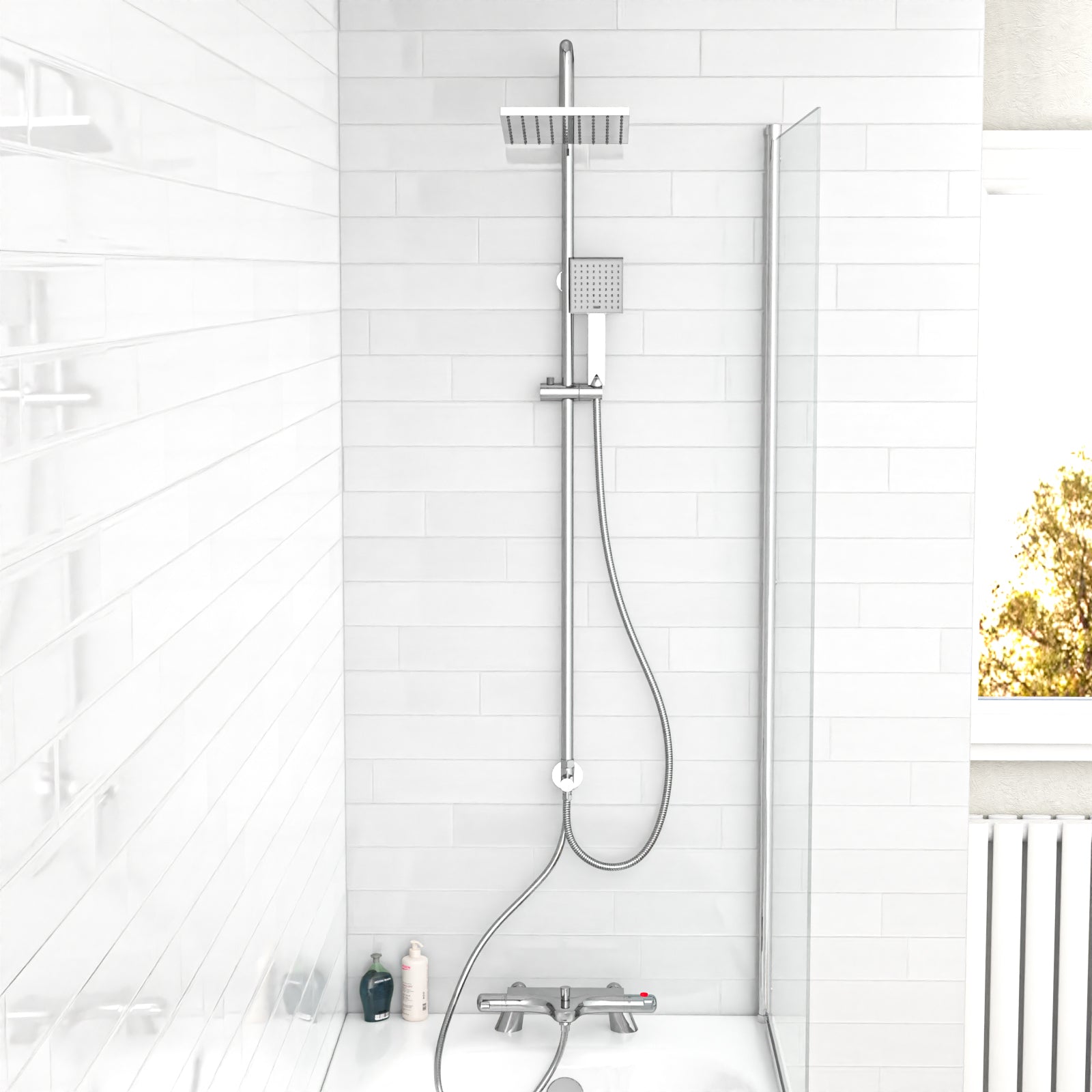 Walton Exposed Square Shower, Safety Button Thermostatic Mixer Tap, Handset & Riser Rail Kit