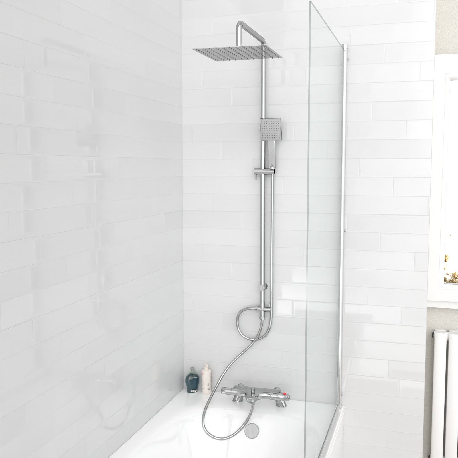 Walton Exposed Square Shower, Safety Button Thermostatic Mixer Tap, Handset & Riser Rail Kit