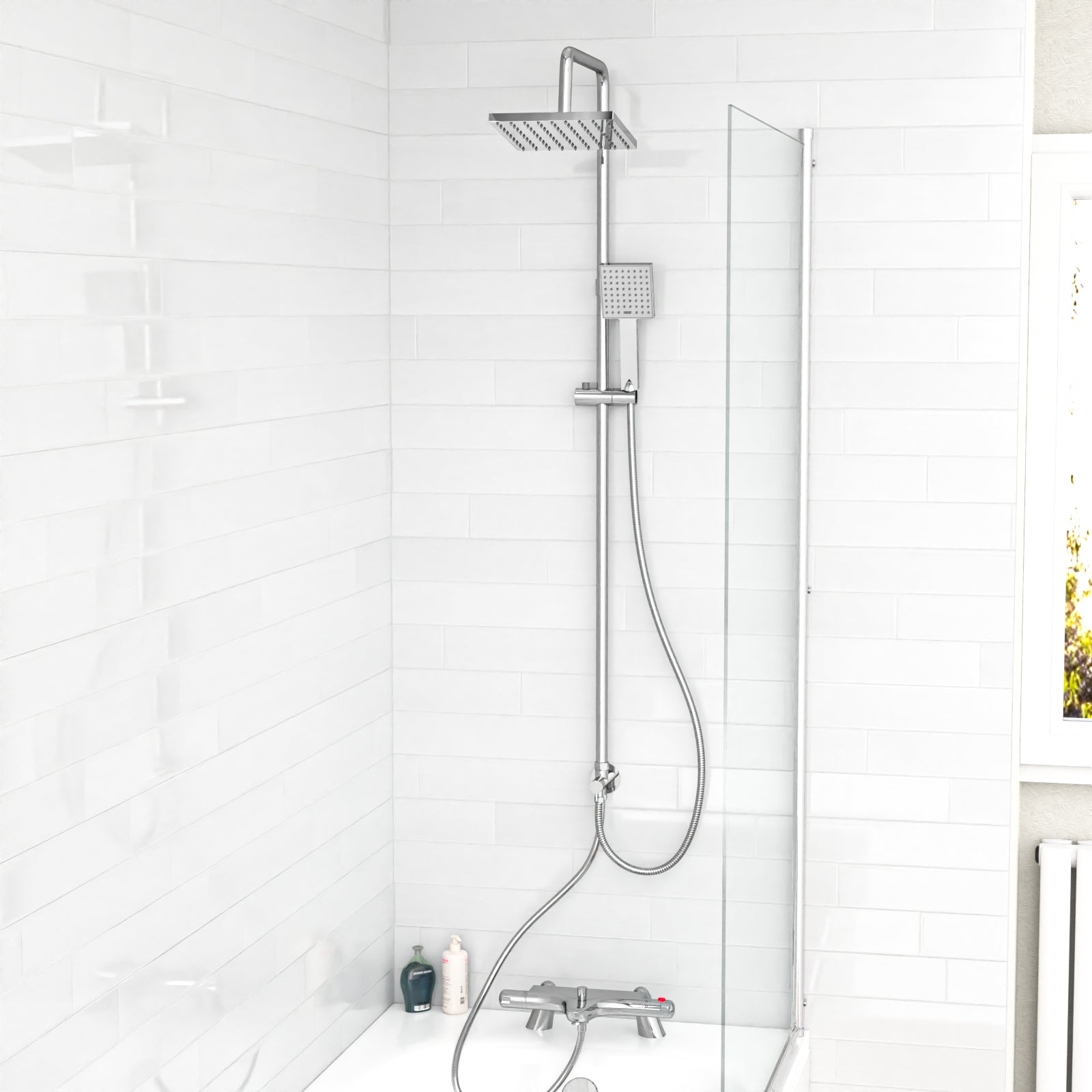 Walton Exposed Square Shower, Safety Button Thermostatic Mixer Tap, Handset & Riser Rail Kit