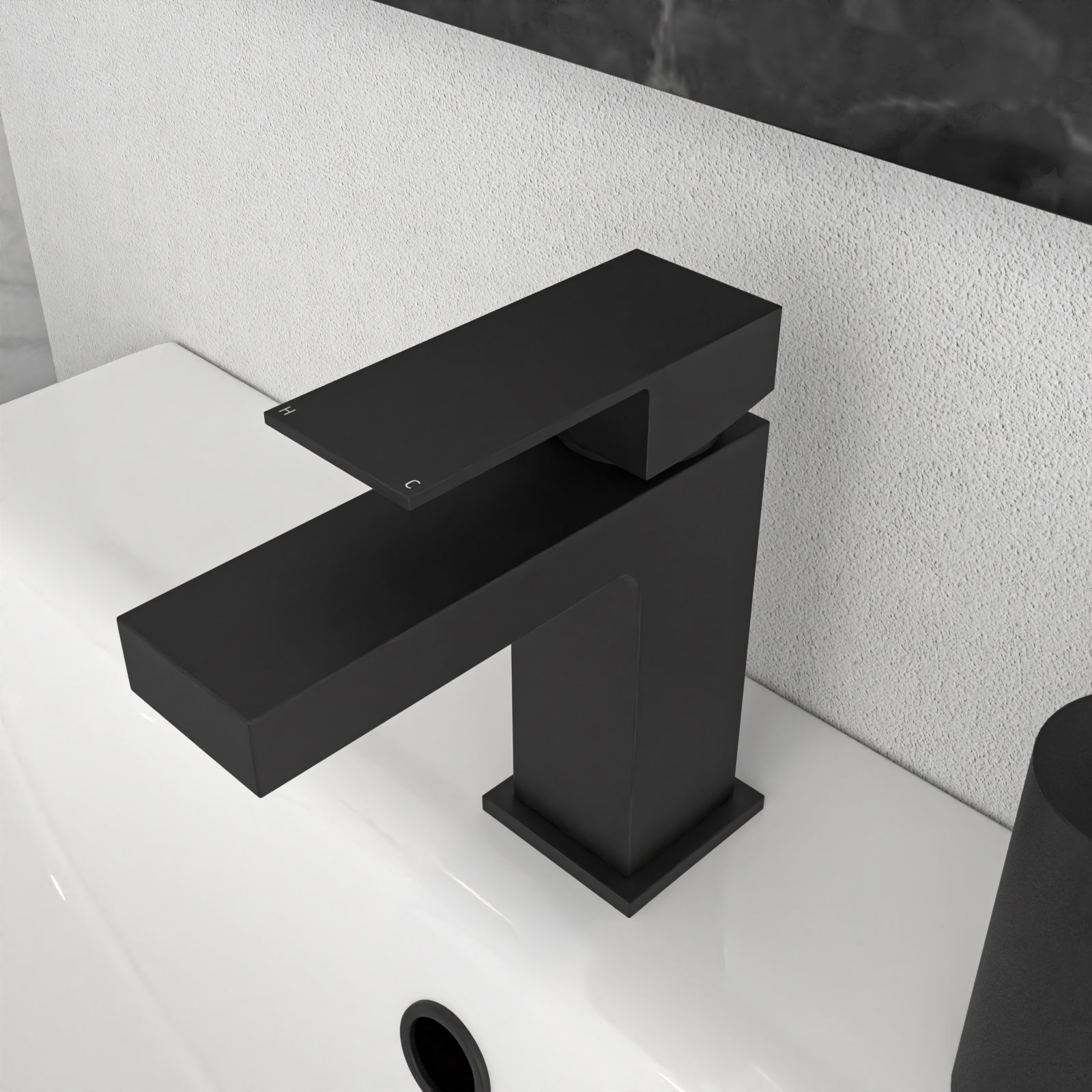 Cube Square Single Lever Bathroom Matte Black Basin Mono Mixer Tap & Waste