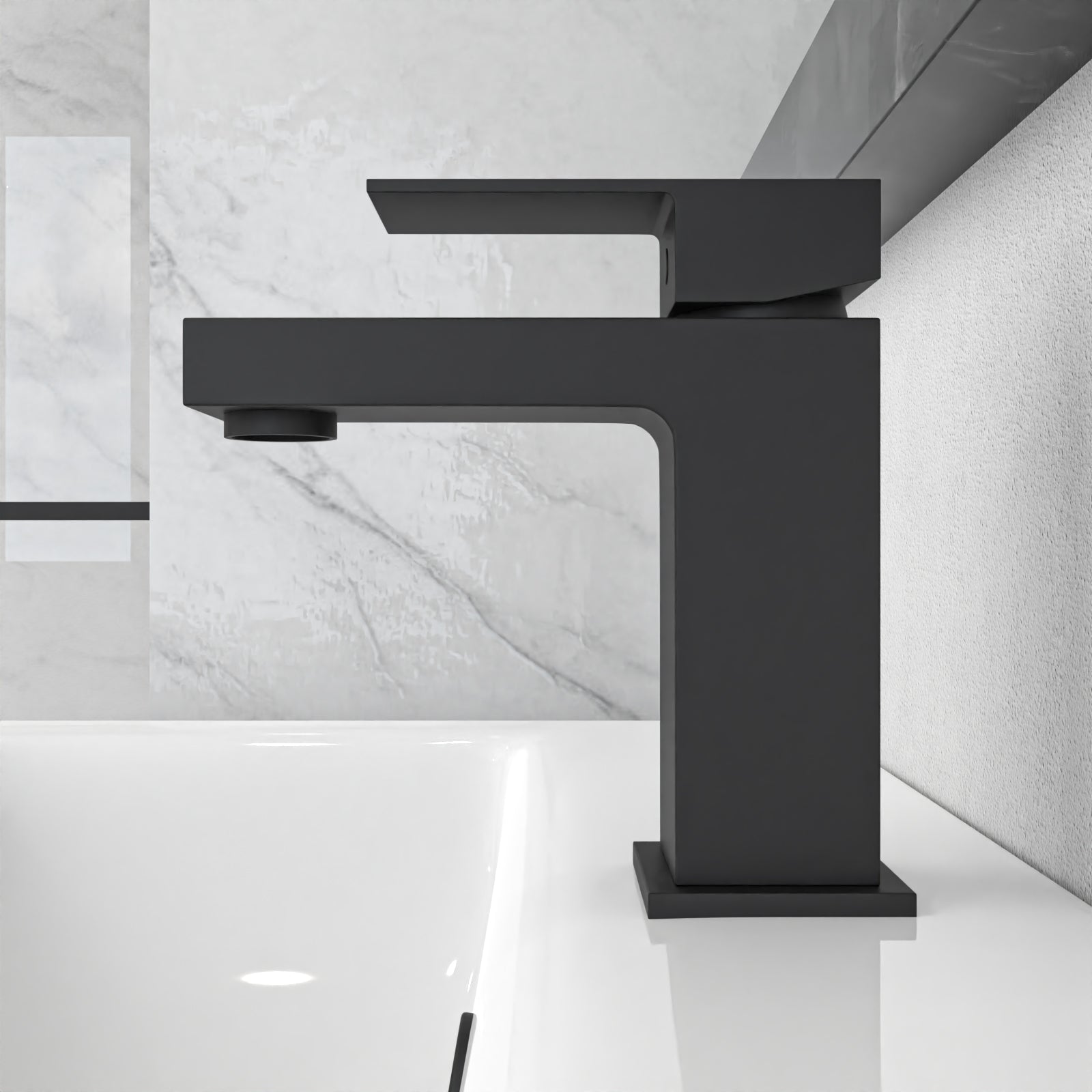 Cube Square Single Lever Bathroom Matte Black Basin Mono Mixer Tap & Waste