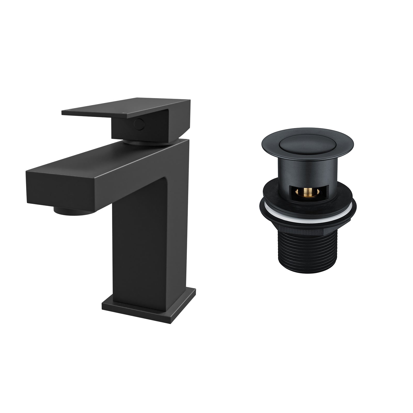 Cube Square Single Lever Bathroom Matte Black Basin Mono Mixer Tap & Waste