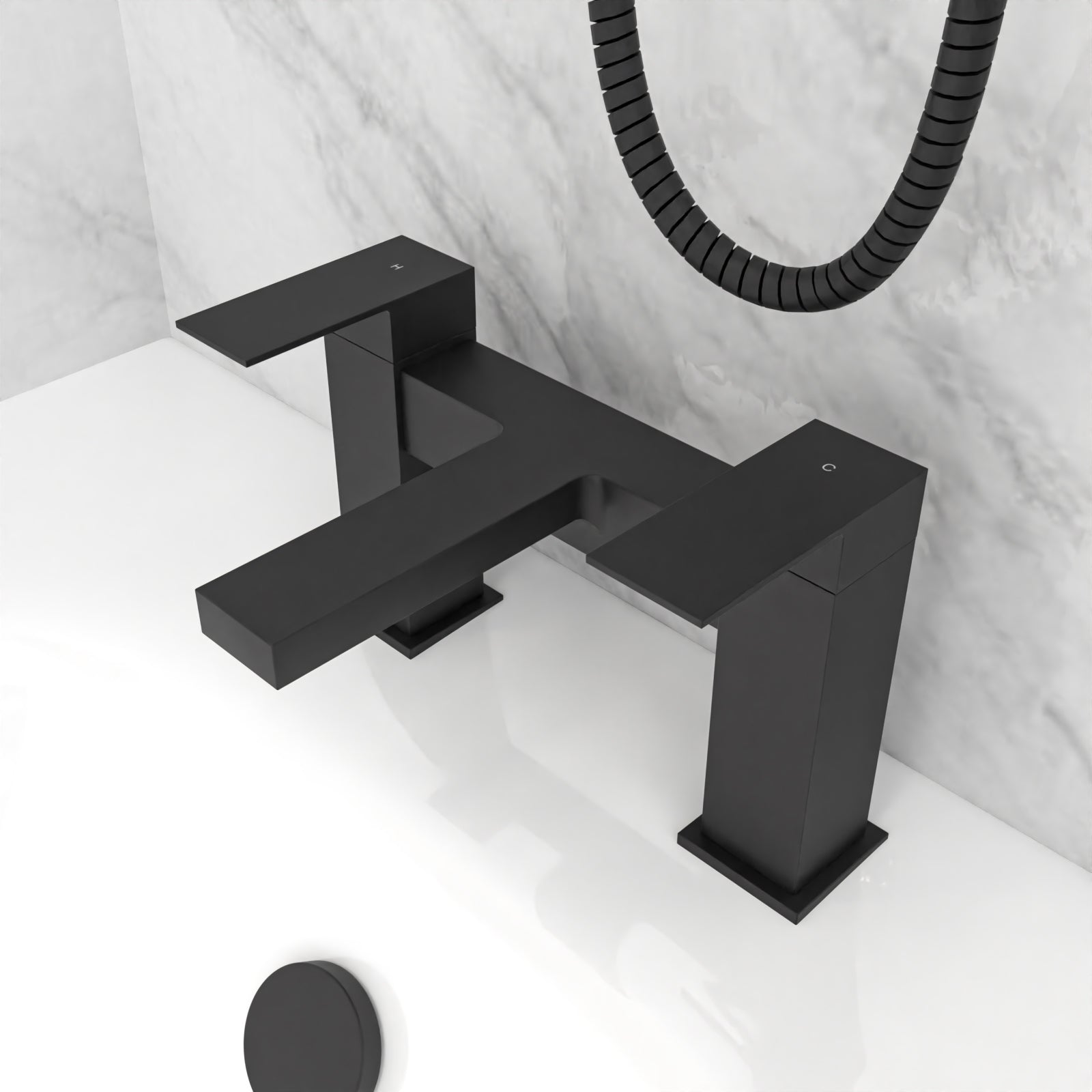 Lima Modern Deck Mounted Matte Black Square Bridge Bath Filler Mixer Tap