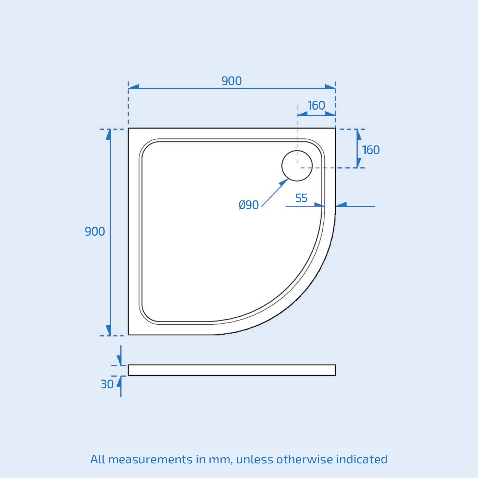 900 X 900 Quadrant Resin Shower Tray 30mm Thick For Wetroom Enclosure