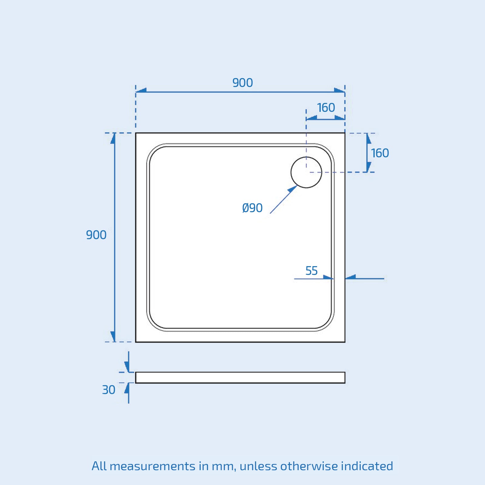 900 X 900 Square Resin Shower Tray 30mm Thick For Wetroom Enclosure