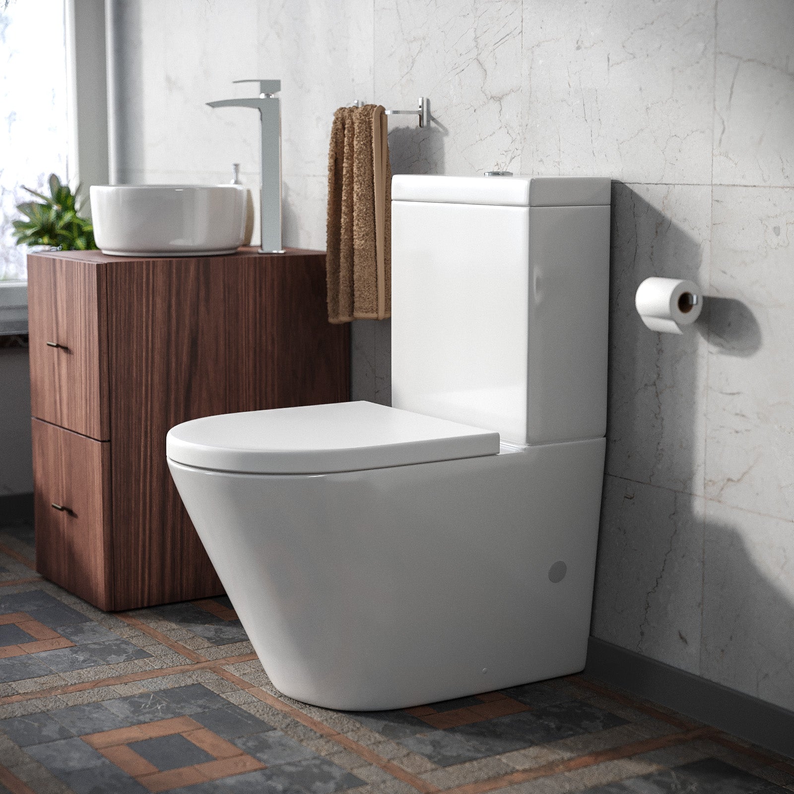 Modern Round Rimless Closed Coupled WC Toilet With Cistern And Soft Close Seat