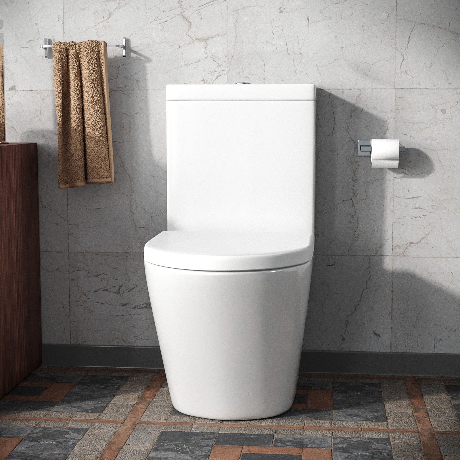 Modern Round Rimless Closed Coupled WC Toilet With Cistern And Soft Close Seat