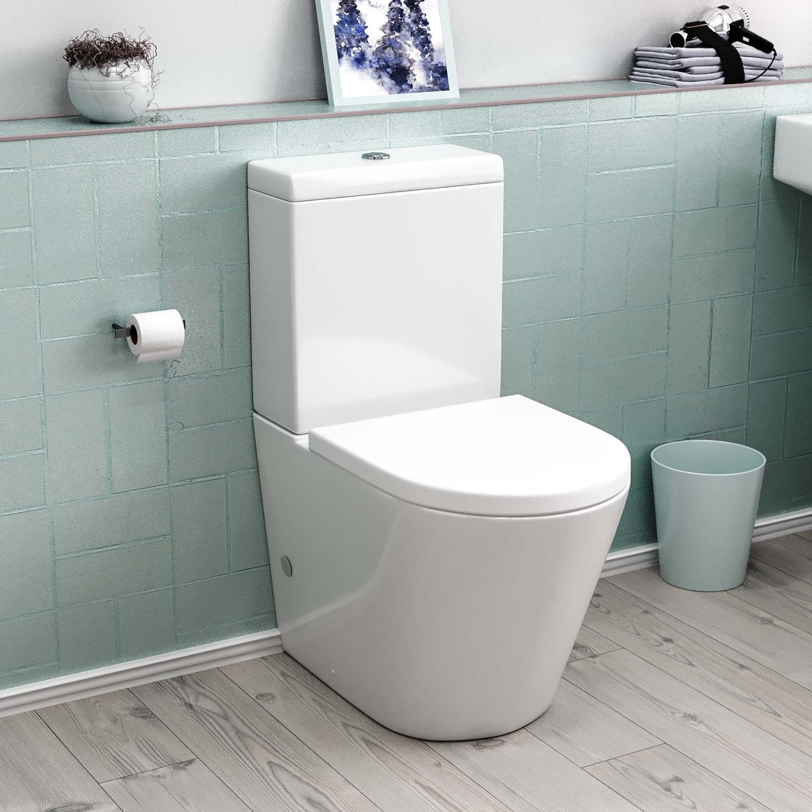 Modern Round Rimless Closed Coupled WC Toilet With Cistern And Soft Close Seat