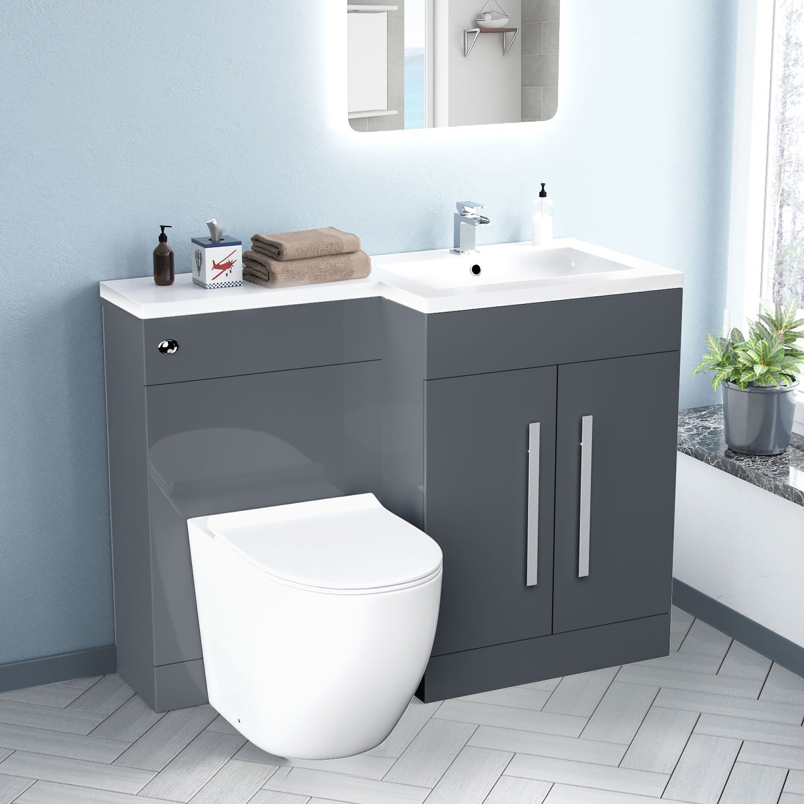 Aric 1100mm Right Hand Side Freestanding Grey Vanity with BTW Toilet, WC and Basin