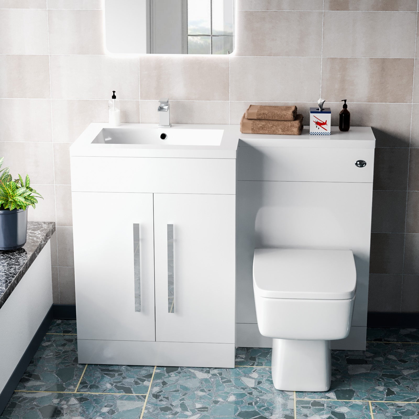 Aric 1100mm Freestanding White Basin Vanity Unit with WC Unit & BTW Toilet