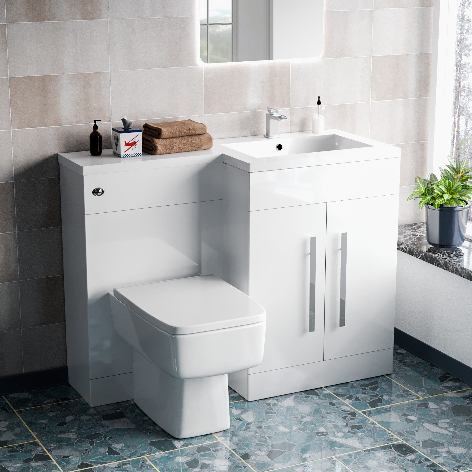 Aric 1100mm Freestanding White Basin Vanity Unit with WC Unit & BTW Toilet