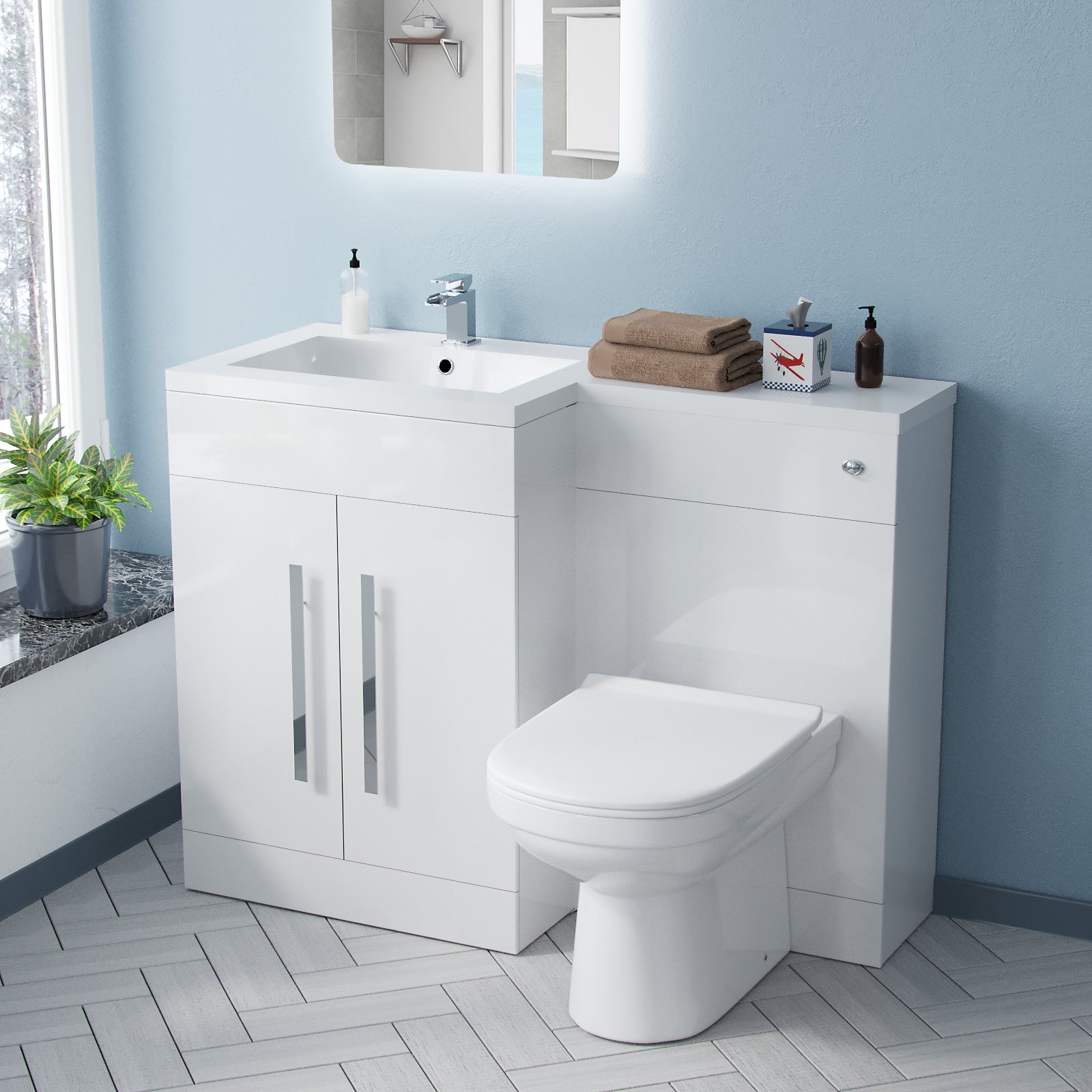 Aric 1100mm LH White Vanity Cabinet with Basin, WC & BTW Toilet Flat Pack