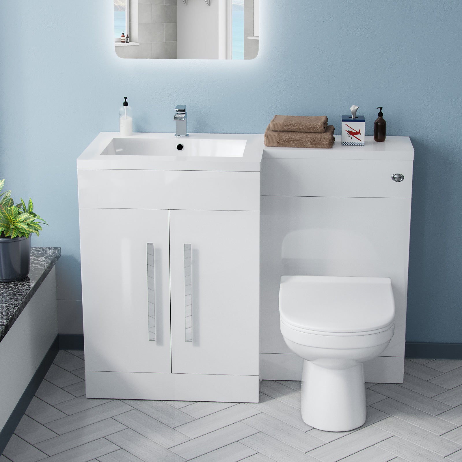 Aric 1100mm LH White Vanity Cabinet with Basin, WC & BTW Toilet Flat Pack