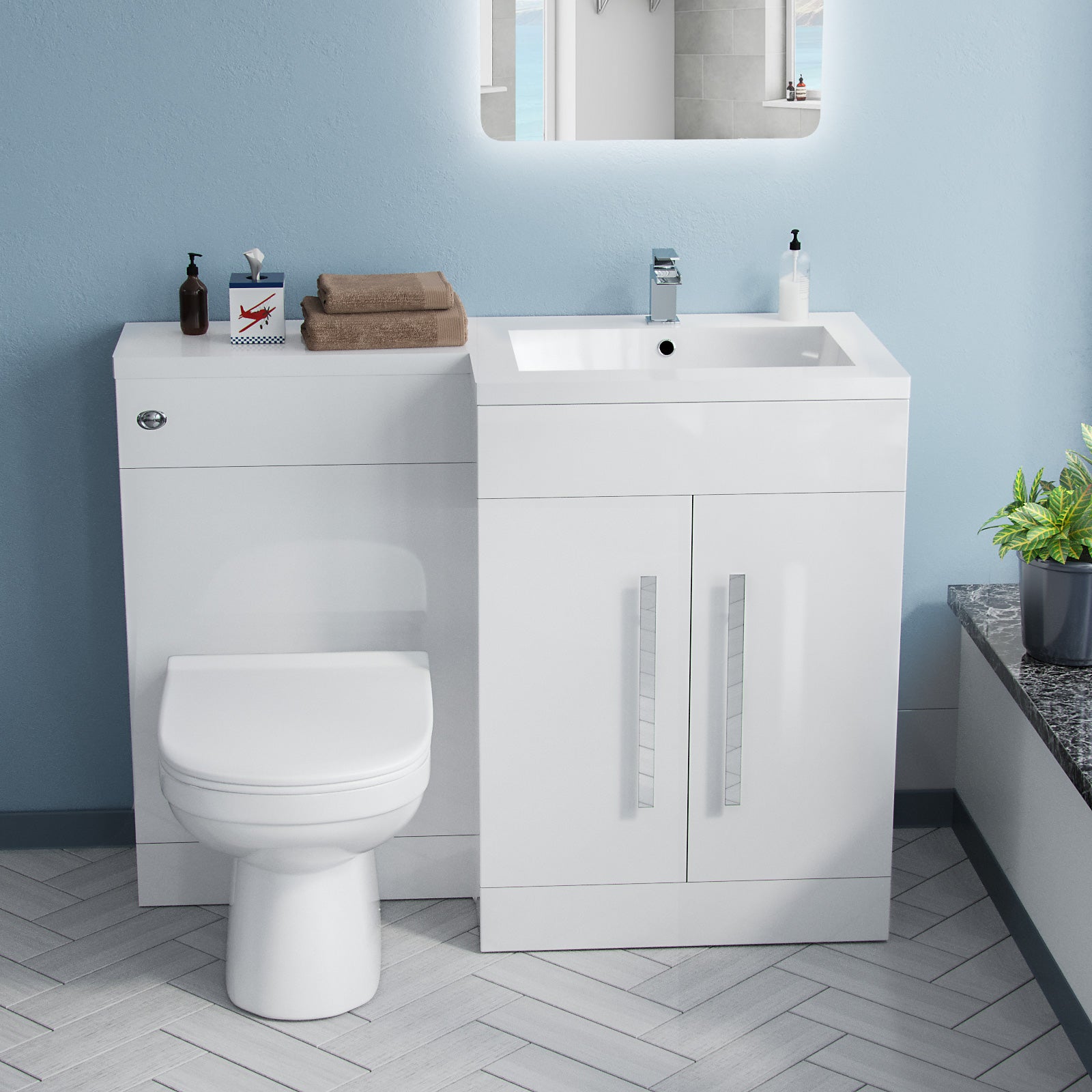 Aric White 1100mm L-Shape RH Basin Vanity Unit BTW WC Toilet Flat Pack