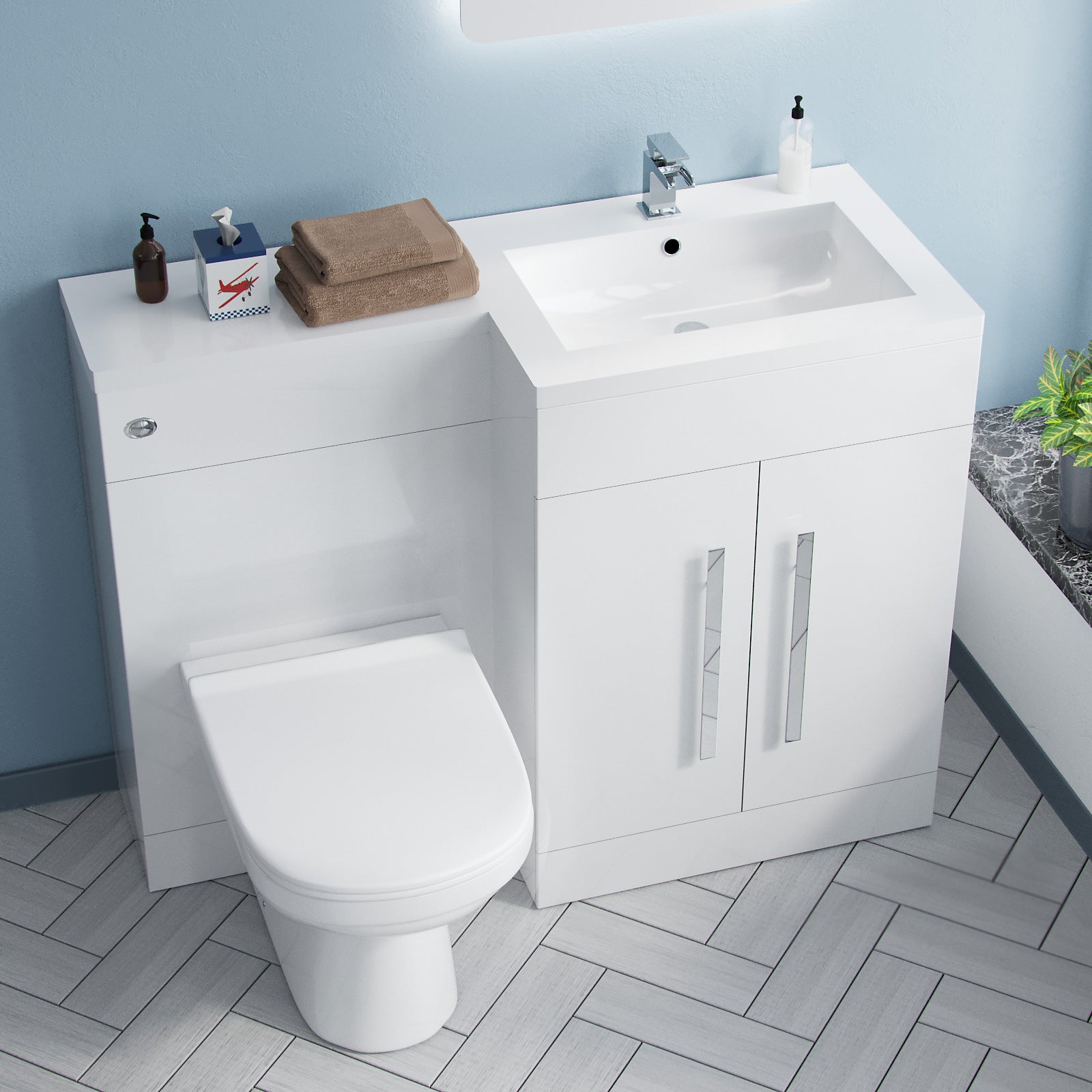 Aric White 1100mm L-Shape RH Basin Vanity Unit BTW WC Toilet Flat Pack