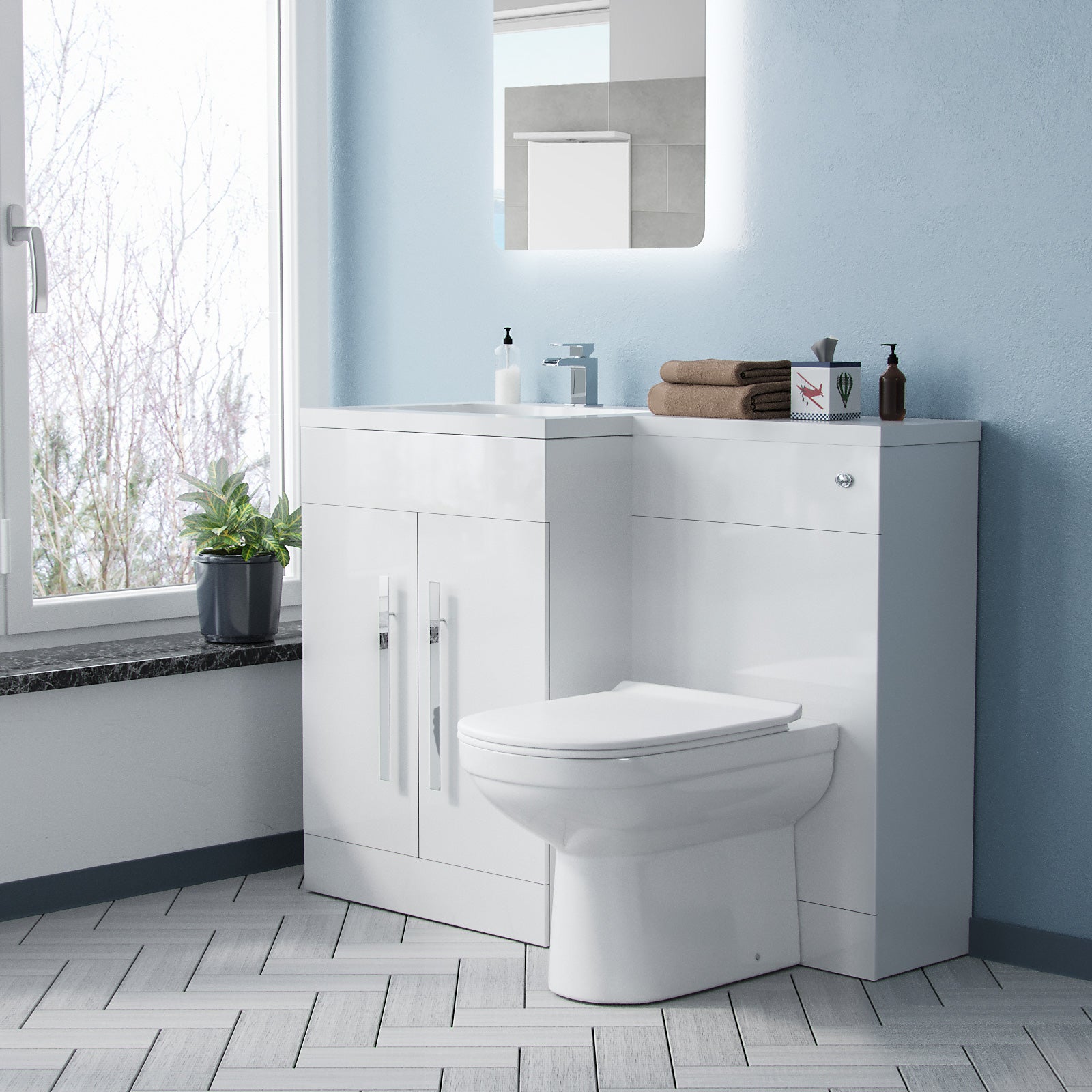 Aric 1100mm LH White Vanity Cabinet with Basin, WC & BTW Toilet Flat Pack