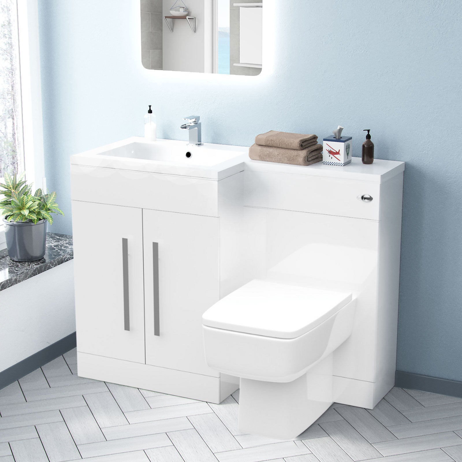 Aric 1100mm Freestanding White Basin Vanity Unit with WC Unit & BTW Toilet