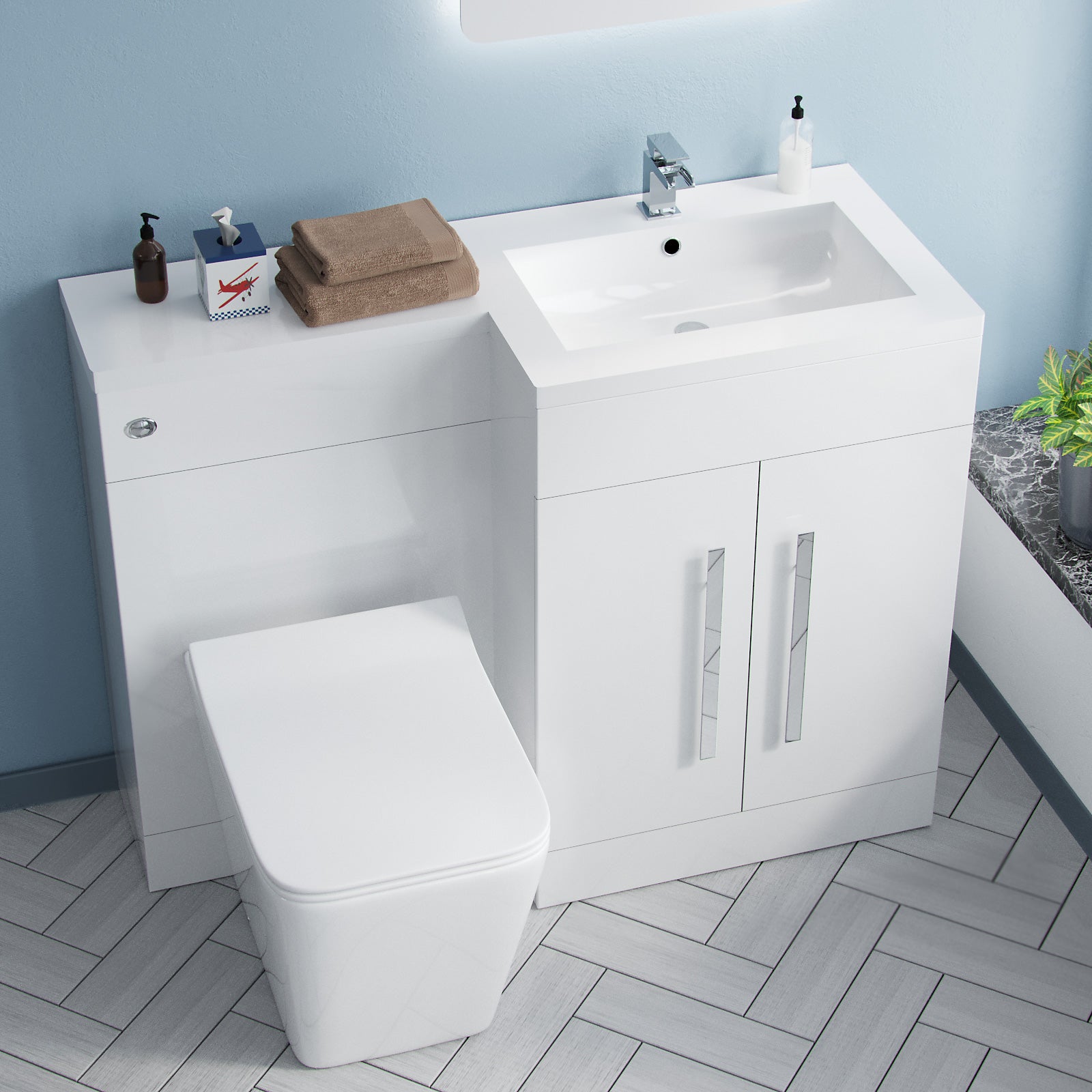 Aric 1100mm RH White Basin Vanity Unit WC BTW Rimless Toilet Flat Pack