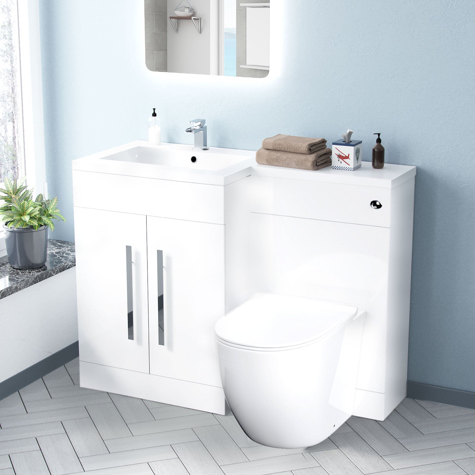 Aric White Flat Pack Left Hand Vanity Unit with Basin , Rimless BTW To