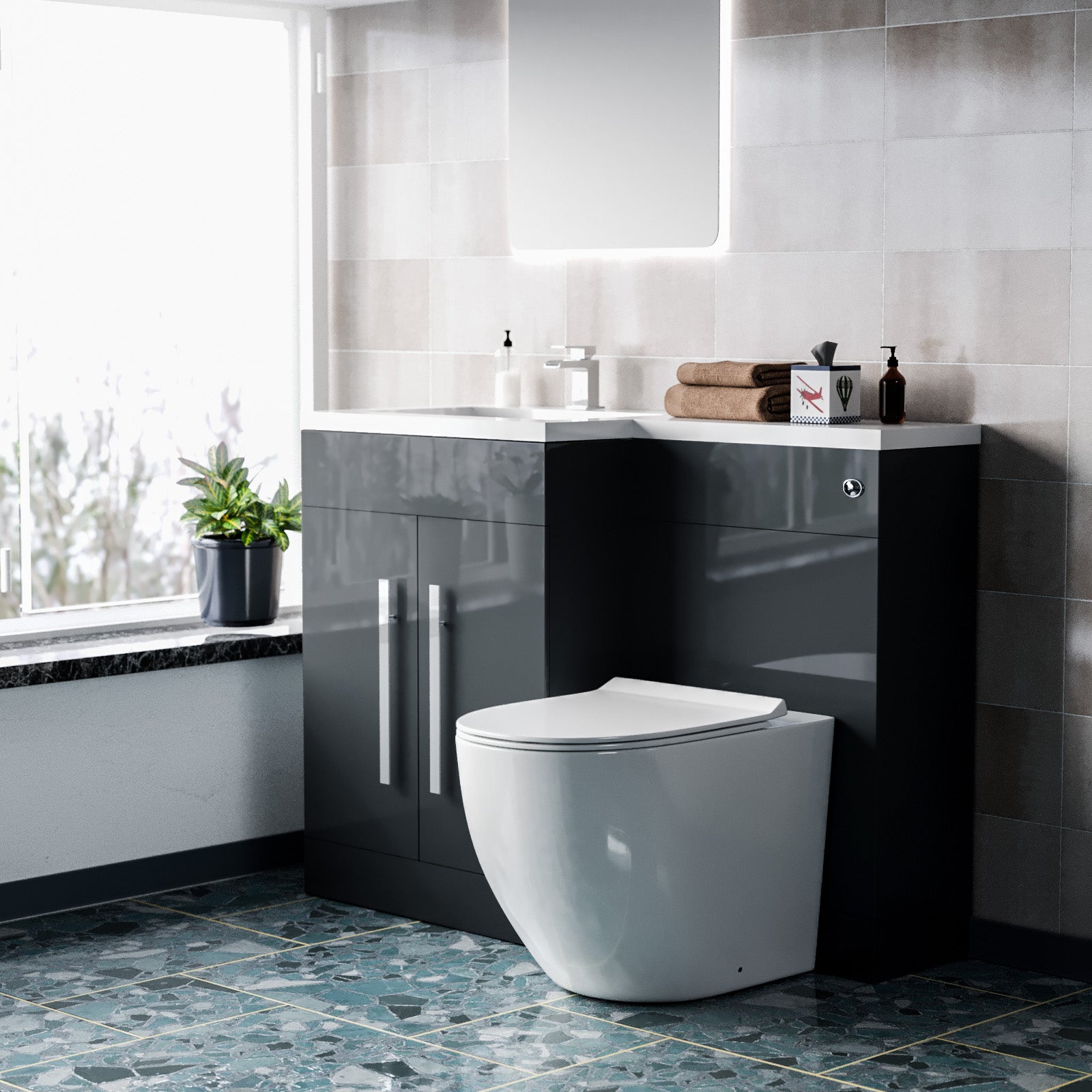 Aric 1100mm LH Freestanding Grey Vanity with BTW Toilet, WC & Basin