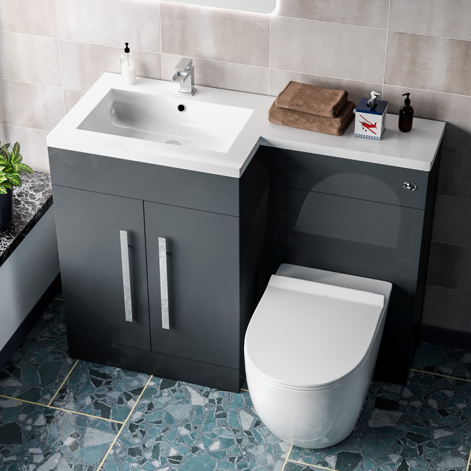 Aric 1100mm LH Freestanding Grey Vanity with BTW Toilet, WC & Basin