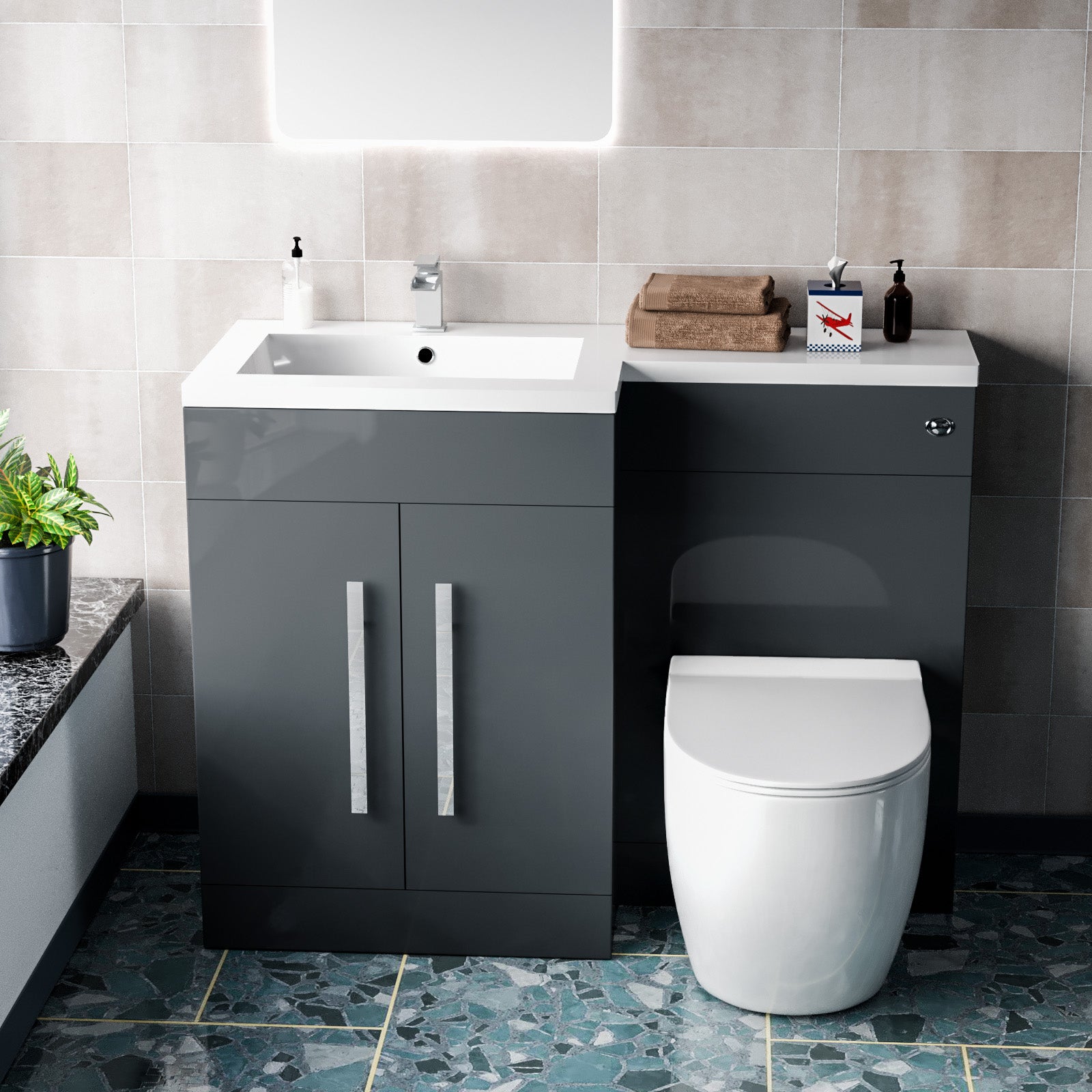 Aric 1100mm LH Freestanding Grey Vanity with BTW Toilet, WC & Basin