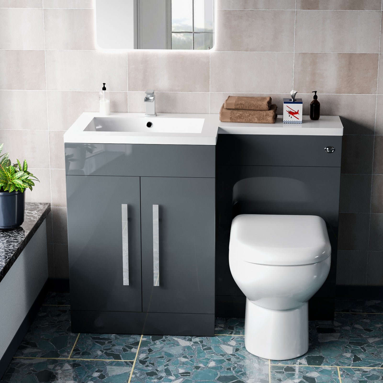 1100mm LH Freestanding Grey Vanity with BTW Toilet, WC & Basin