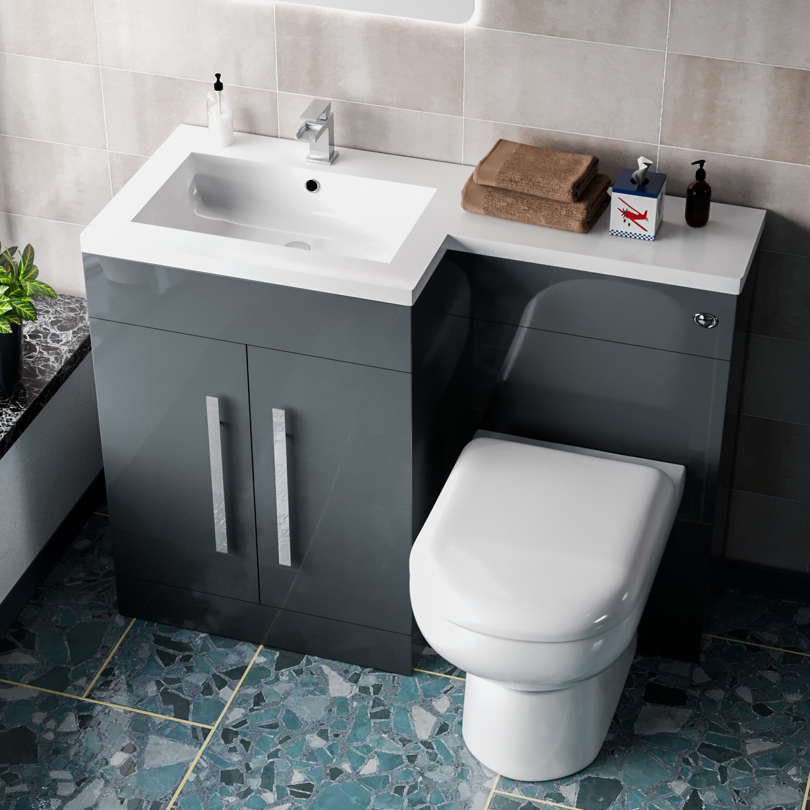 1100mm LH Freestanding Grey Vanity with BTW Toilet, WC & Basin