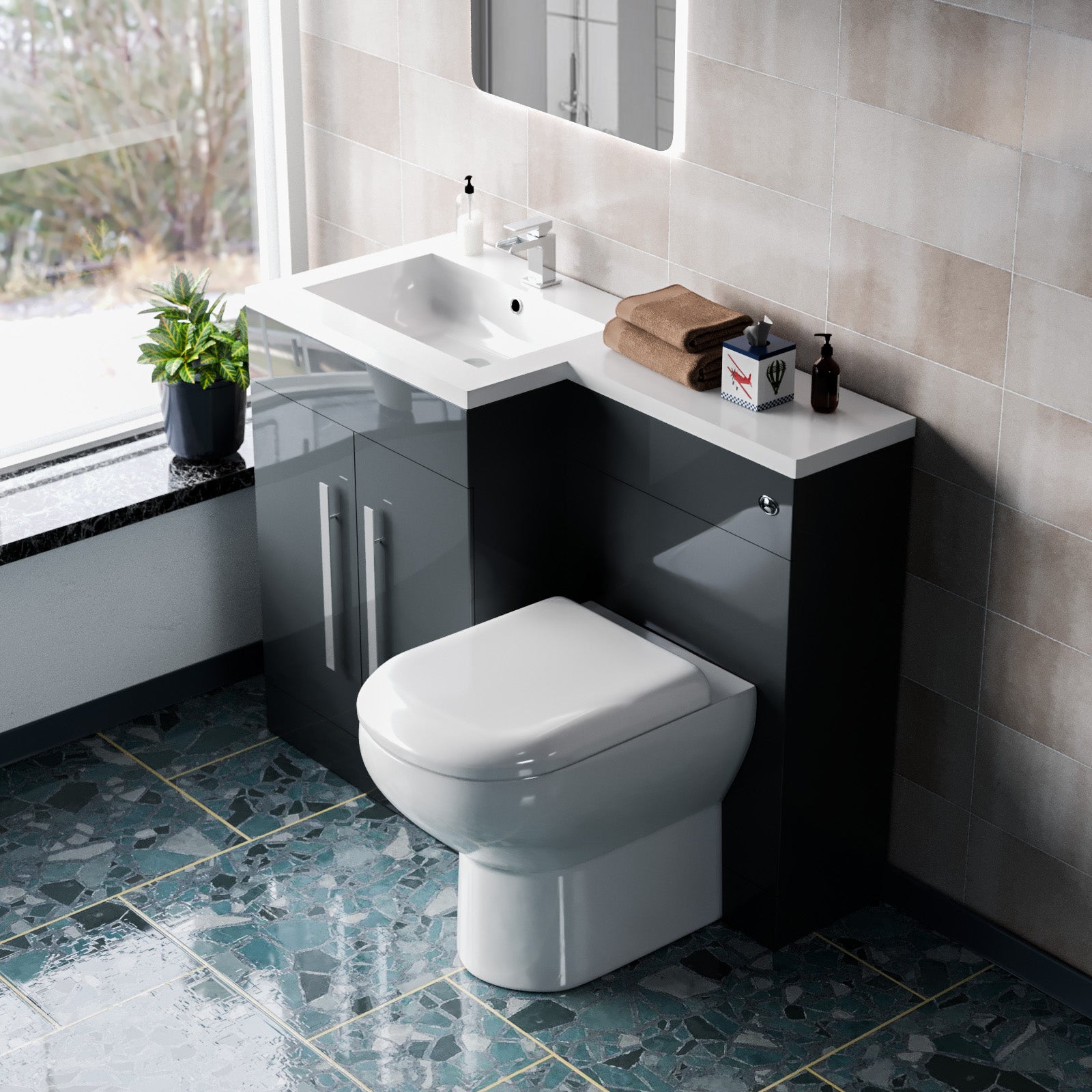 1100mm LH Freestanding Grey Vanity with BTW Toilet, WC & Basin