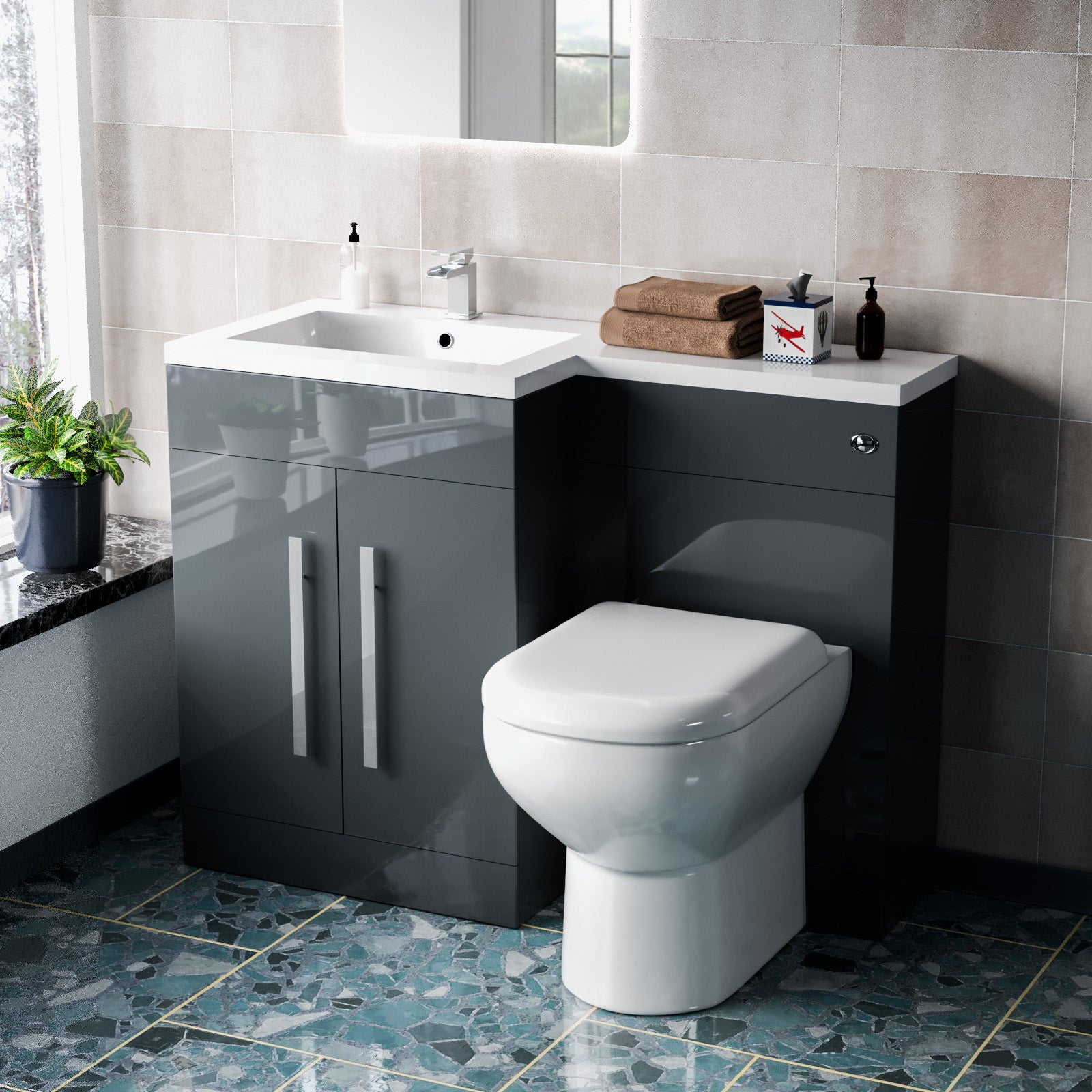1100mm LH Freestanding Grey Vanity with BTW Toilet, WC & Basin