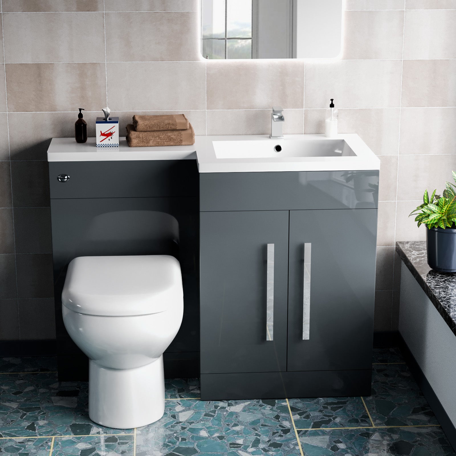 1100mm RH Freestanding Grey Vanity with BTW Toilet, WC & Basin