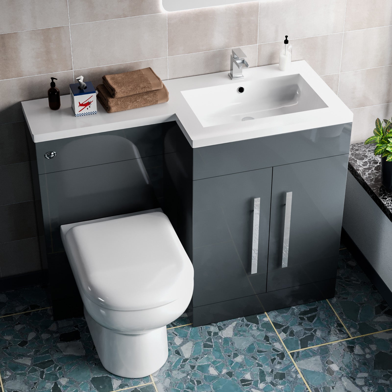 1100mm RH Freestanding Grey Vanity with BTW Toilet, WC & Basin