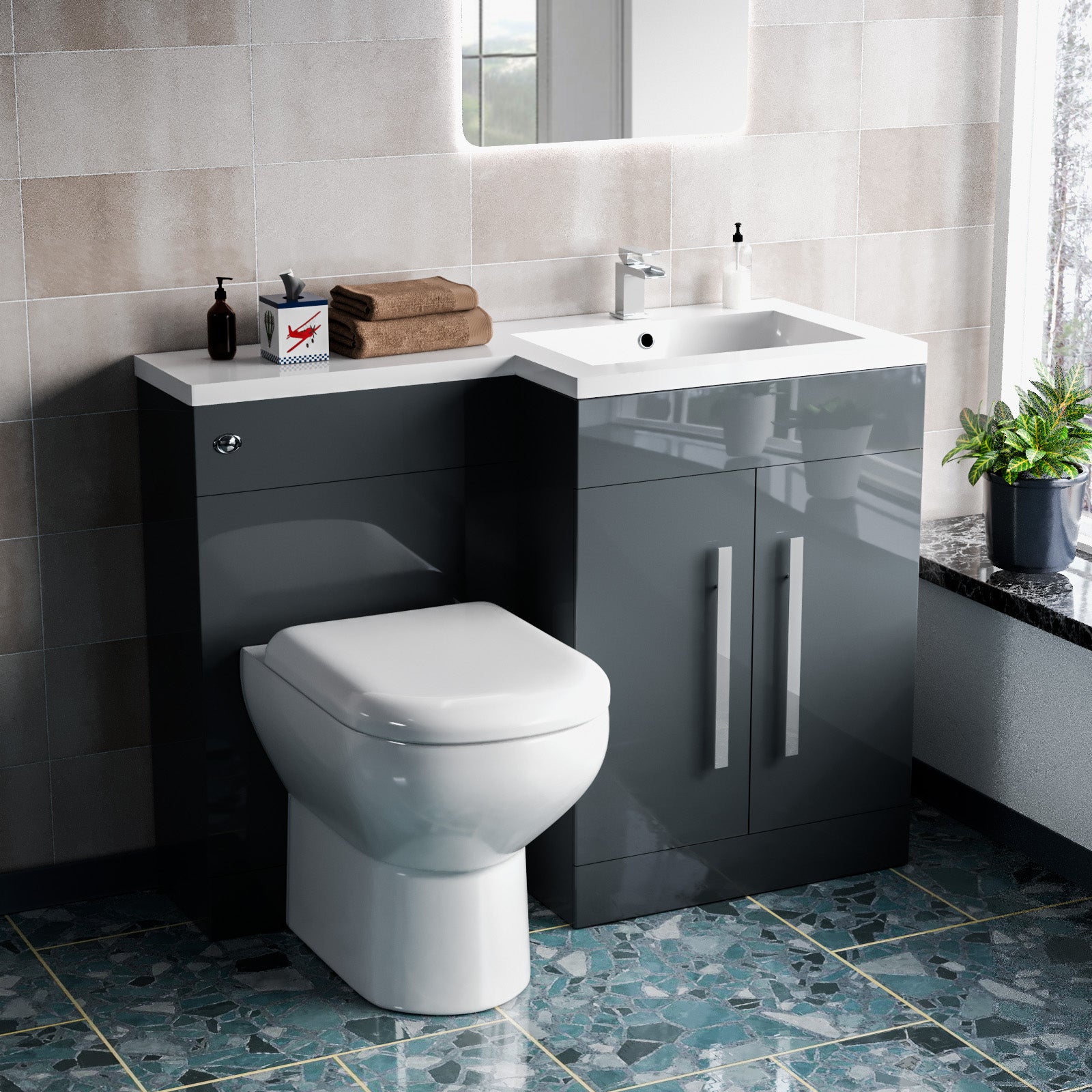 1100mm RH Freestanding Grey Vanity with BTW Toilet, WC & Basin