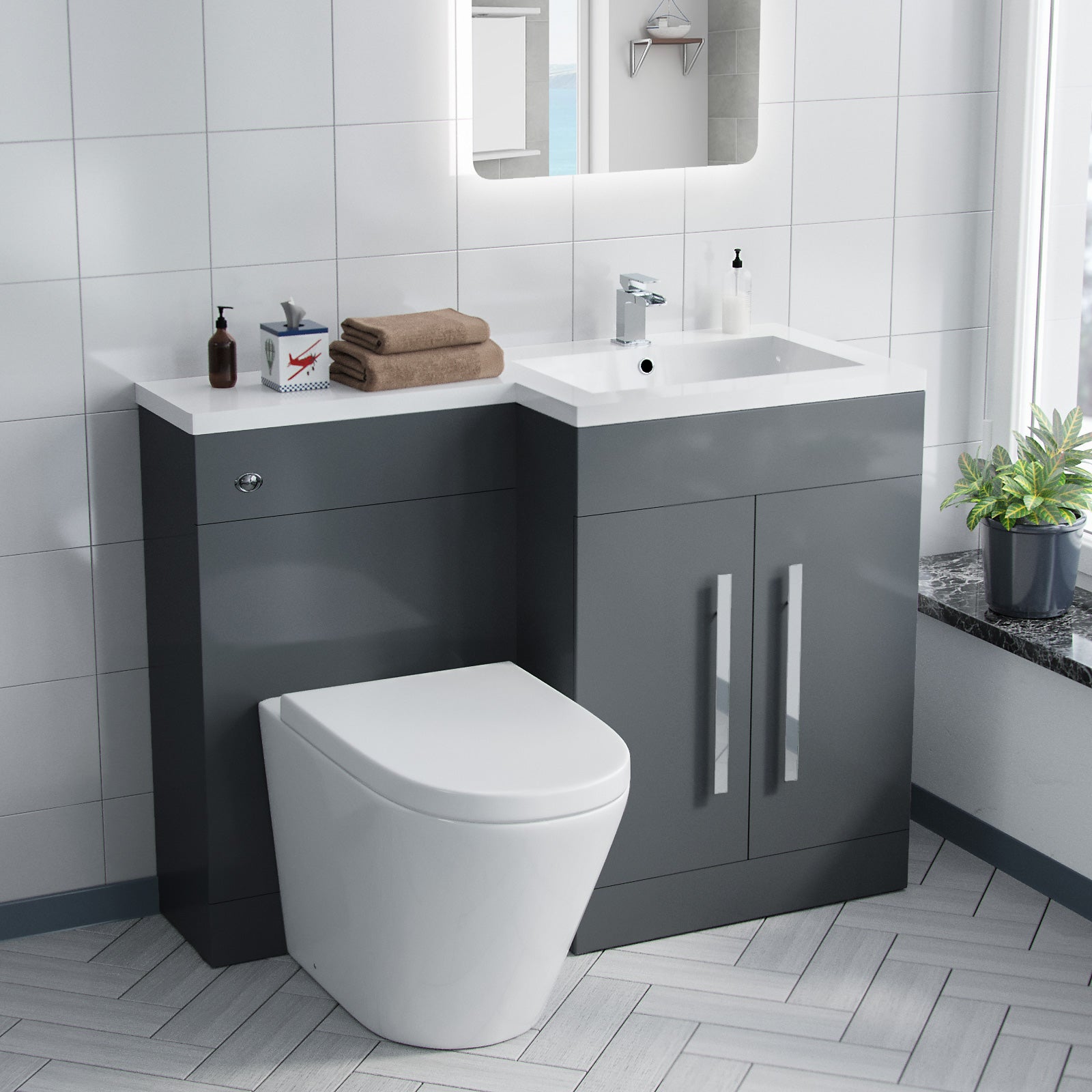 Aric 1100mm RH Freestanding Grey Vanity with BTW Rimless Toilet, WC & Basin