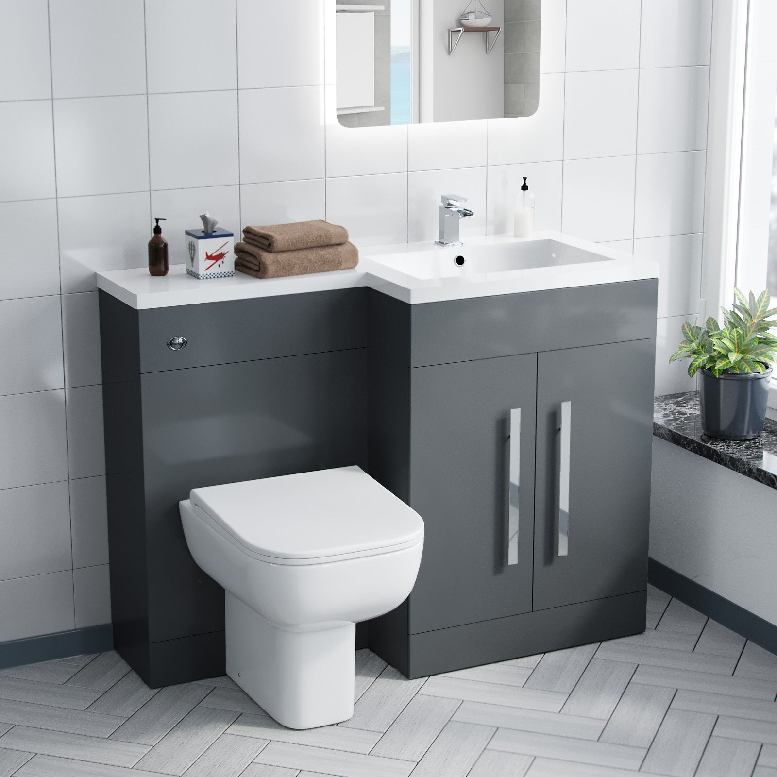 Aric 1100mm Vanity Basin Unit, WC Unit & Welbourne Back To Wall Toilet Grey