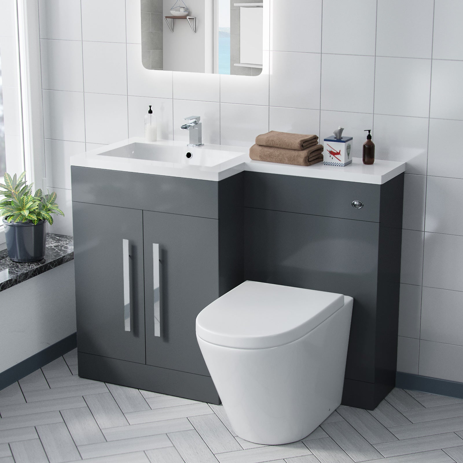 Aric 1100mm LH Freestanding Grey Vanity with BTW Rimless Toilet, WC & Basin