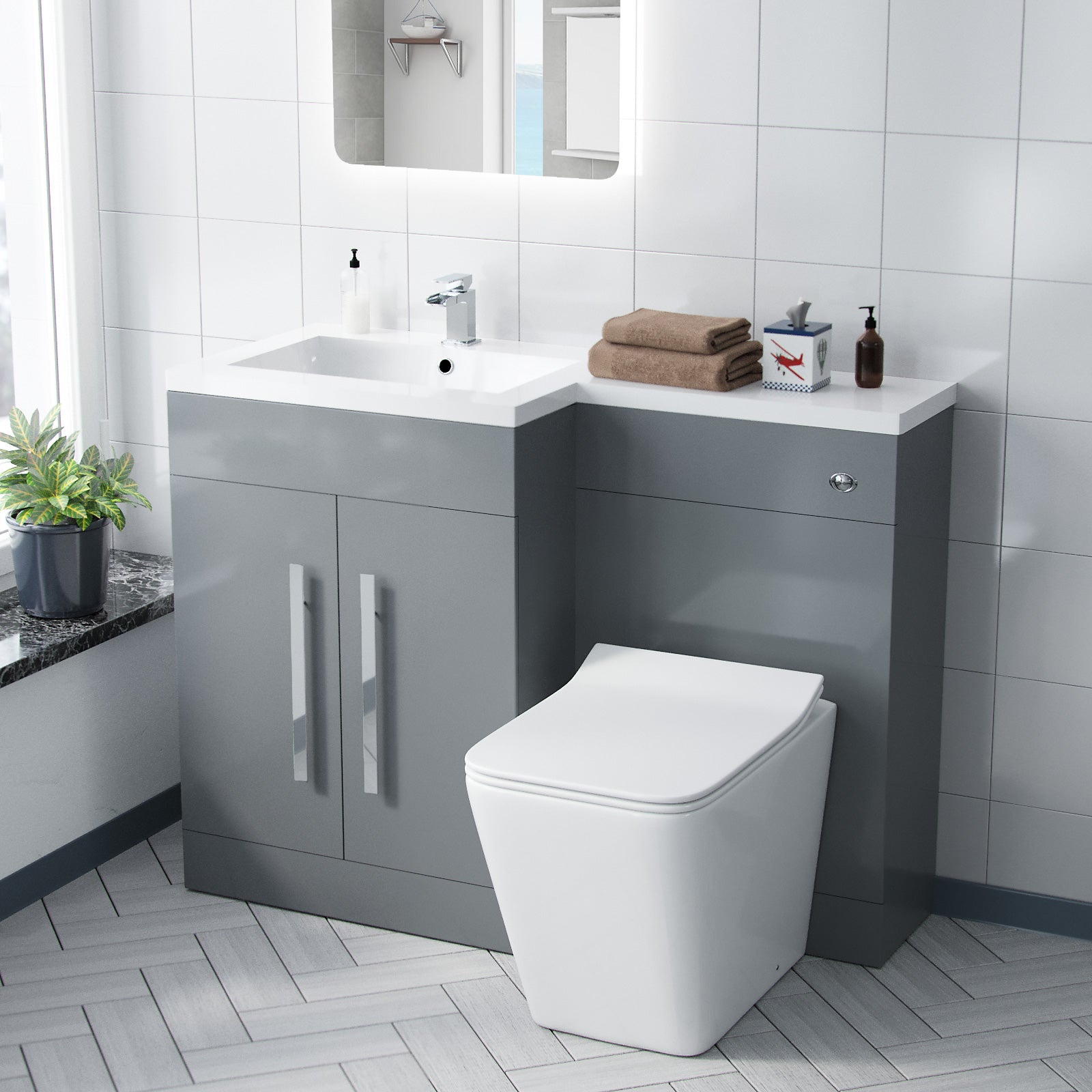 Aric Left Hand 1100mm Vanity Basin Unit, WC Unit & Elora Back To Wall Toilet Grey