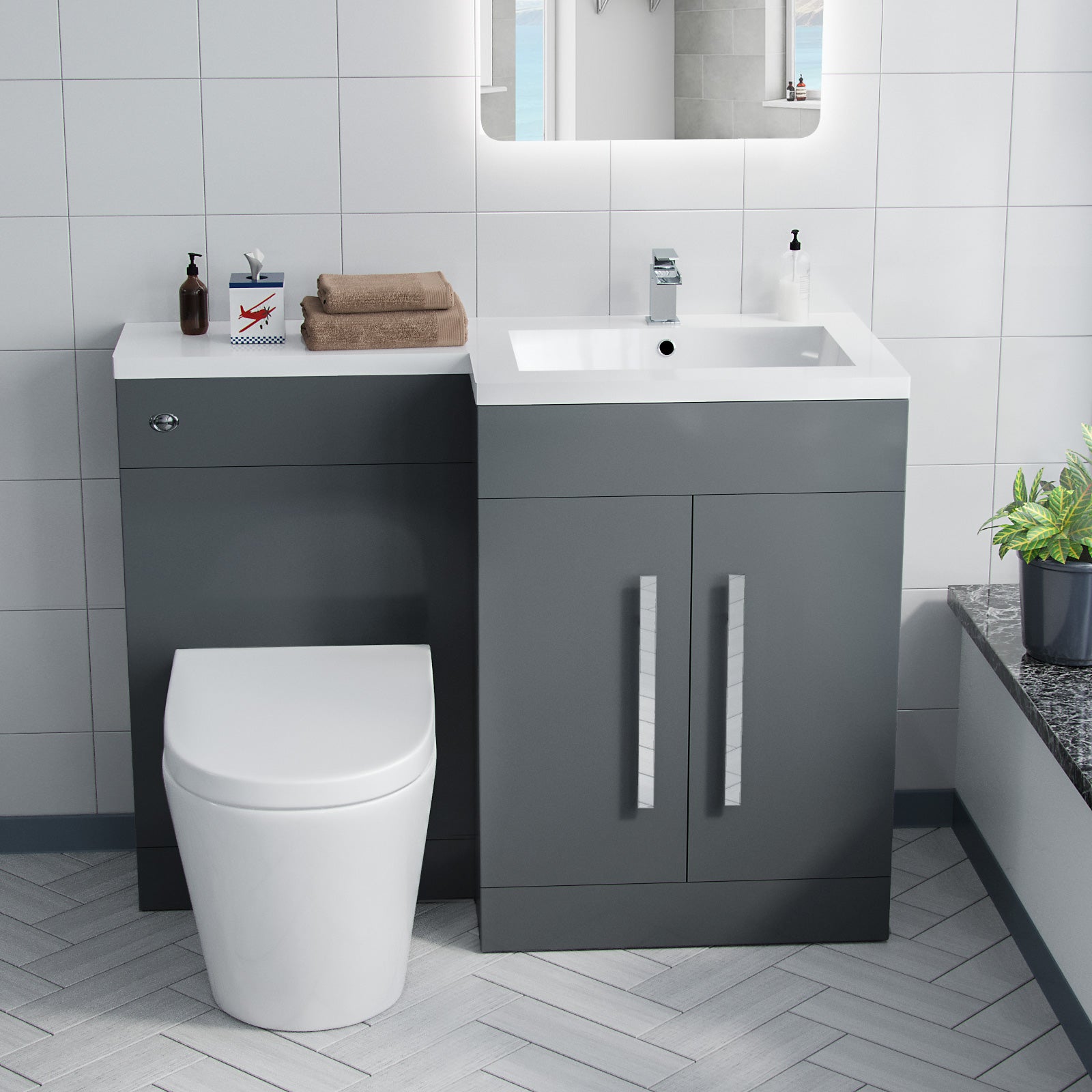 Aric 1100mm RH Freestanding Grey Vanity with BTW Rimless Toilet, WC & Basin