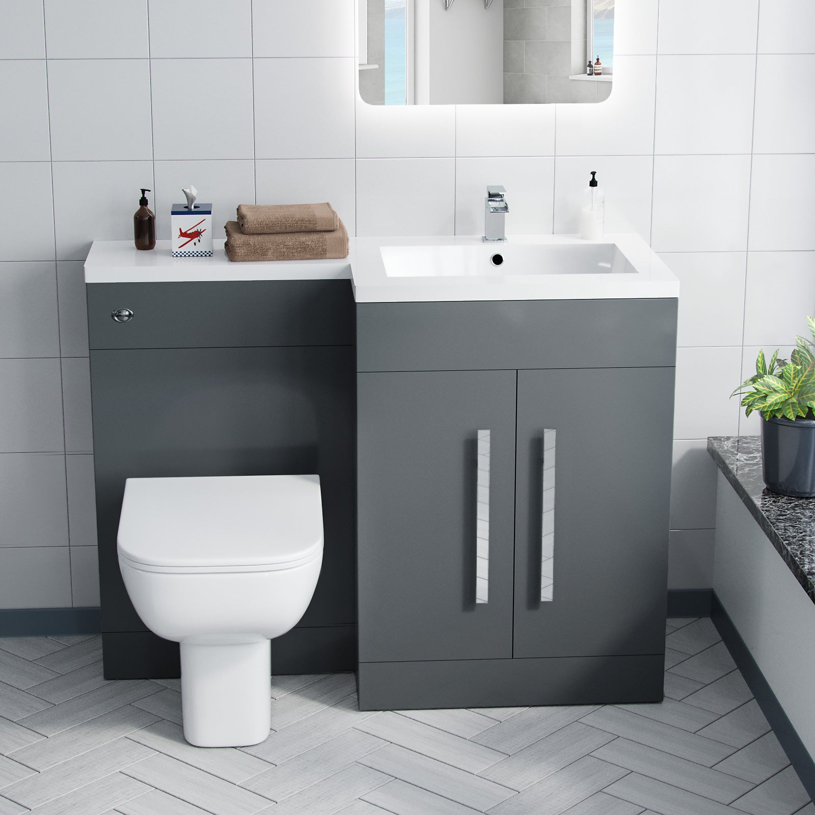 Aric 1100mm Vanity Basin Unit, WC Unit & Welbourne Back To Wall Toilet Grey