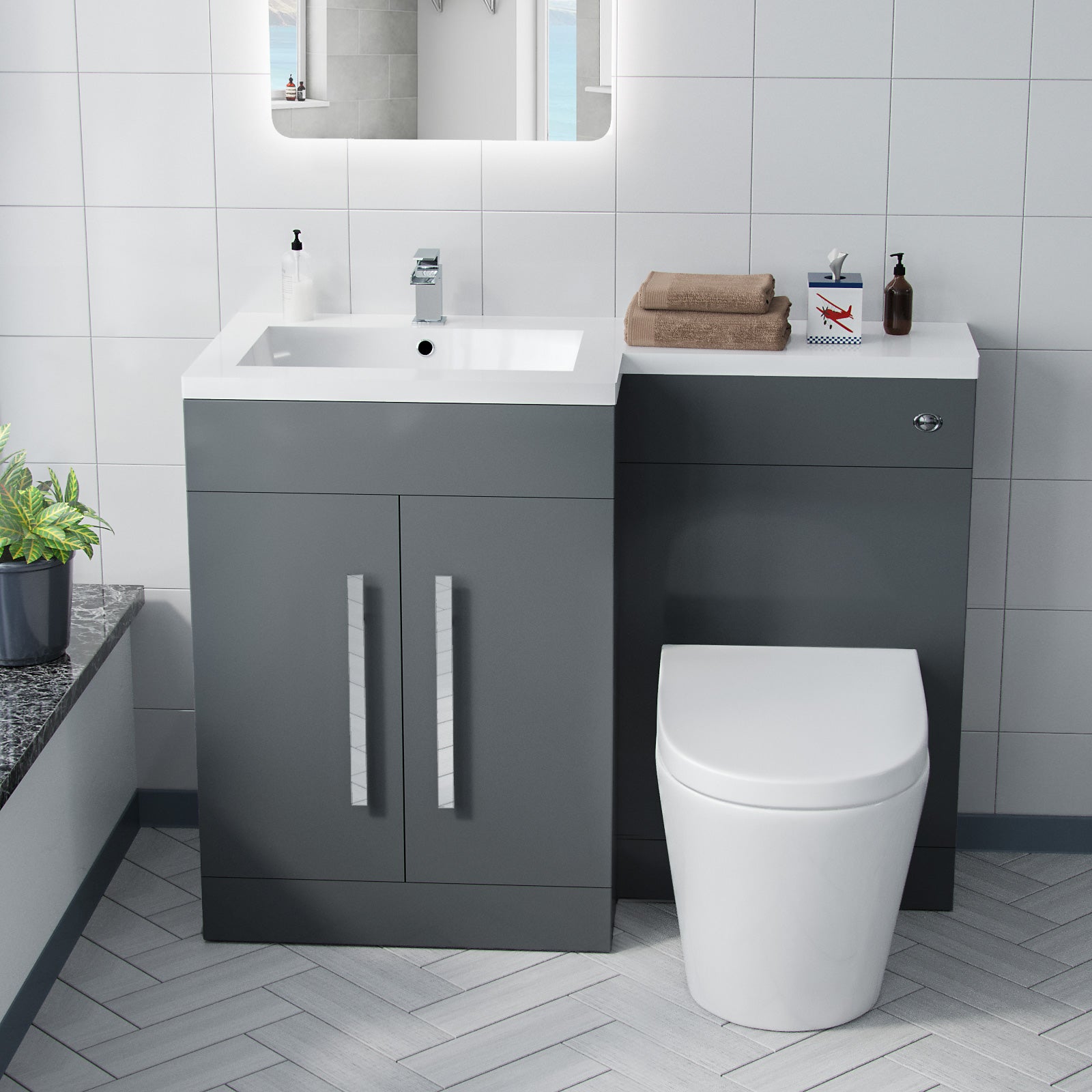 Aric 1100mm LH Freestanding Grey Vanity with BTW Rimless Toilet, WC & Basin